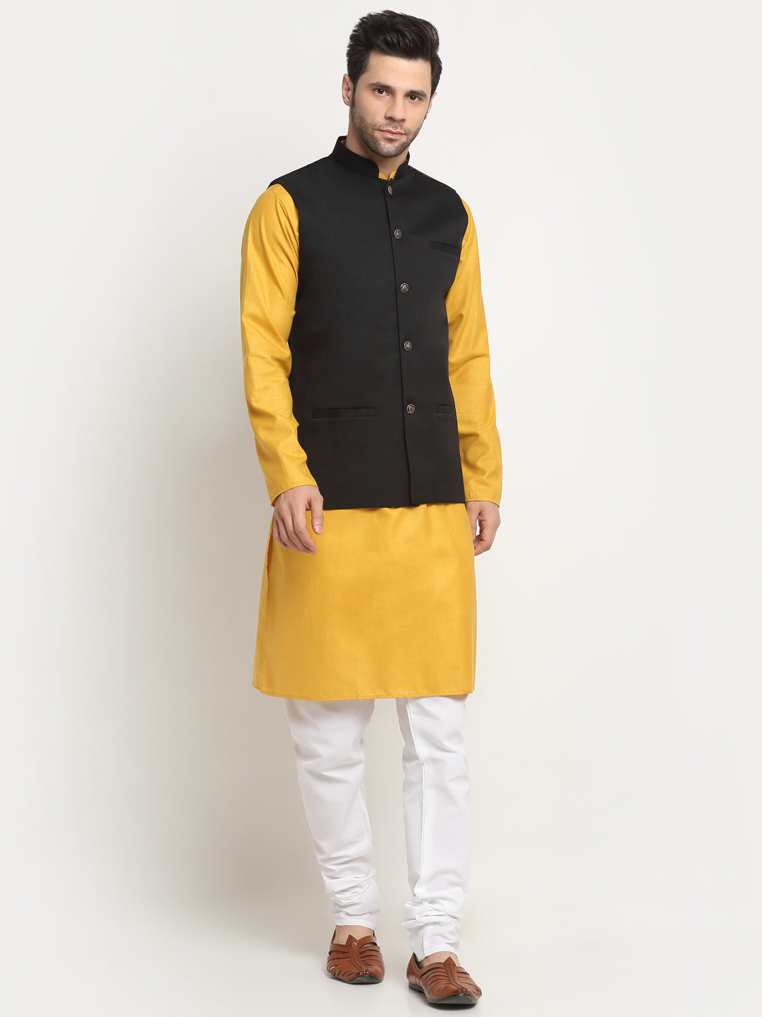 KRAFT INDIA Men's Cotton Solid Mustard Kurta Churidar with Twill Nehru Jacket Set