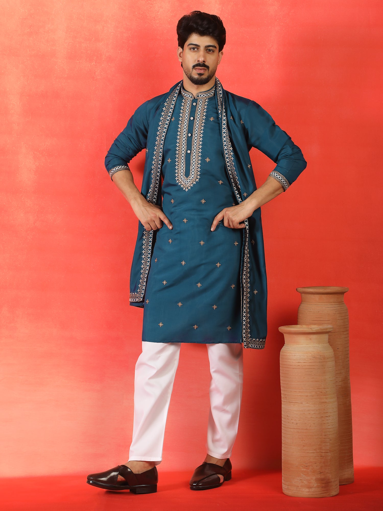Men's Sequenced Embroidered Designed Cotton Silk Straight Long Kurta