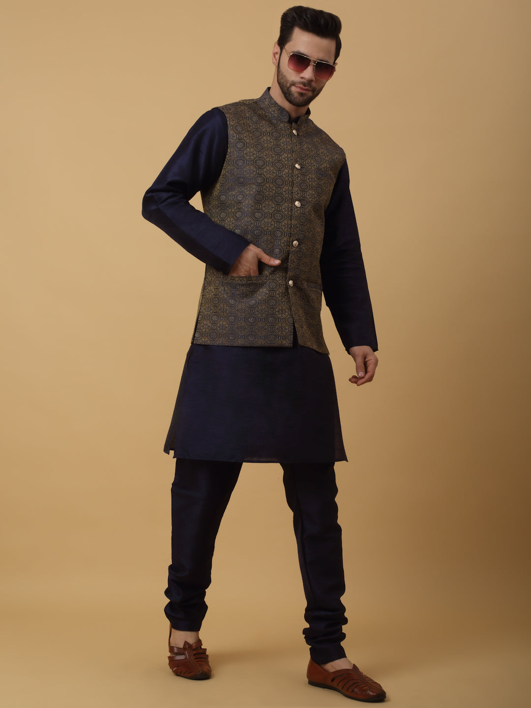 KRAFT INDIA Men's Silk Blend Navy Blue Kurta, Churidar with Jacquard Bandhani Silk Blend Nehru Jacket Set