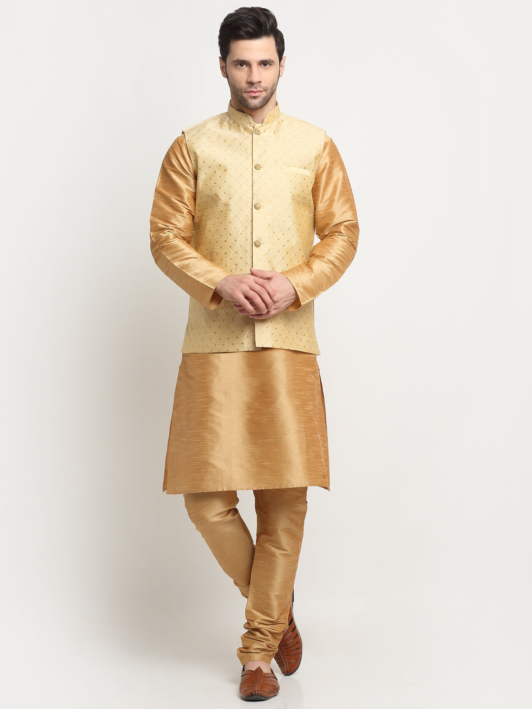 KRAFT INDIA Men's Silk Gold Kurta Churidar With Polka Dotted Nehru Jacket Set