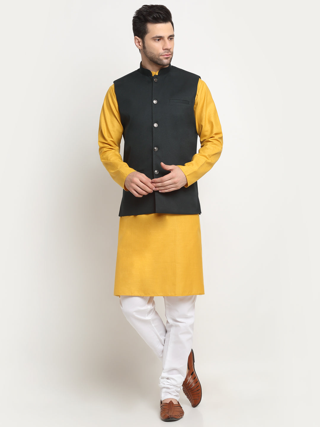 KRAFT INDIA Men's Cotton Solid Mustard Kurta Churidar with Twill Nehru Jacket Set