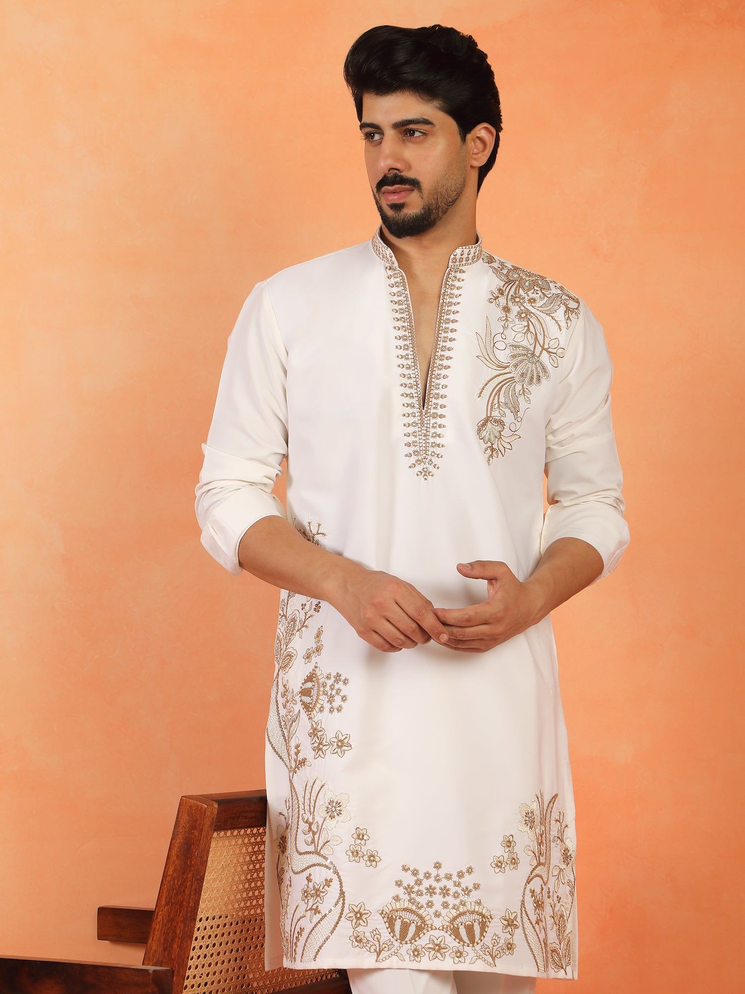 Men's Embroidered Yoke Design Japanese Fabric Daman Work Long Kurta