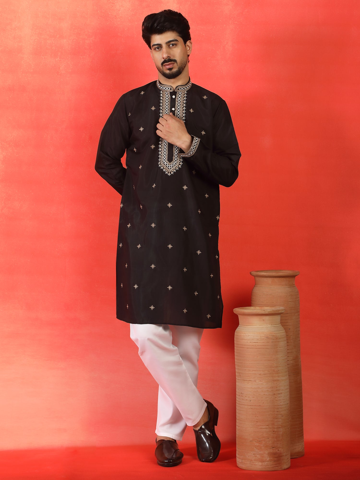 Men's Sequenced Embroidered Designed Cotton Silk Straight Long Kurta