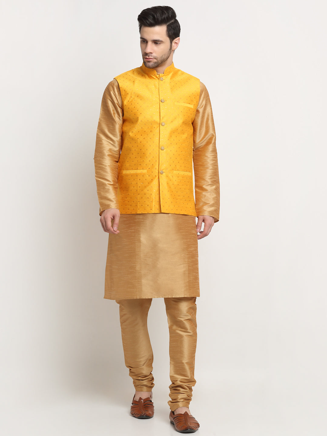 KRAFT INDIA Men's Silk Gold Kurta Churidar With Polka Dotted Nehru Jacket Set