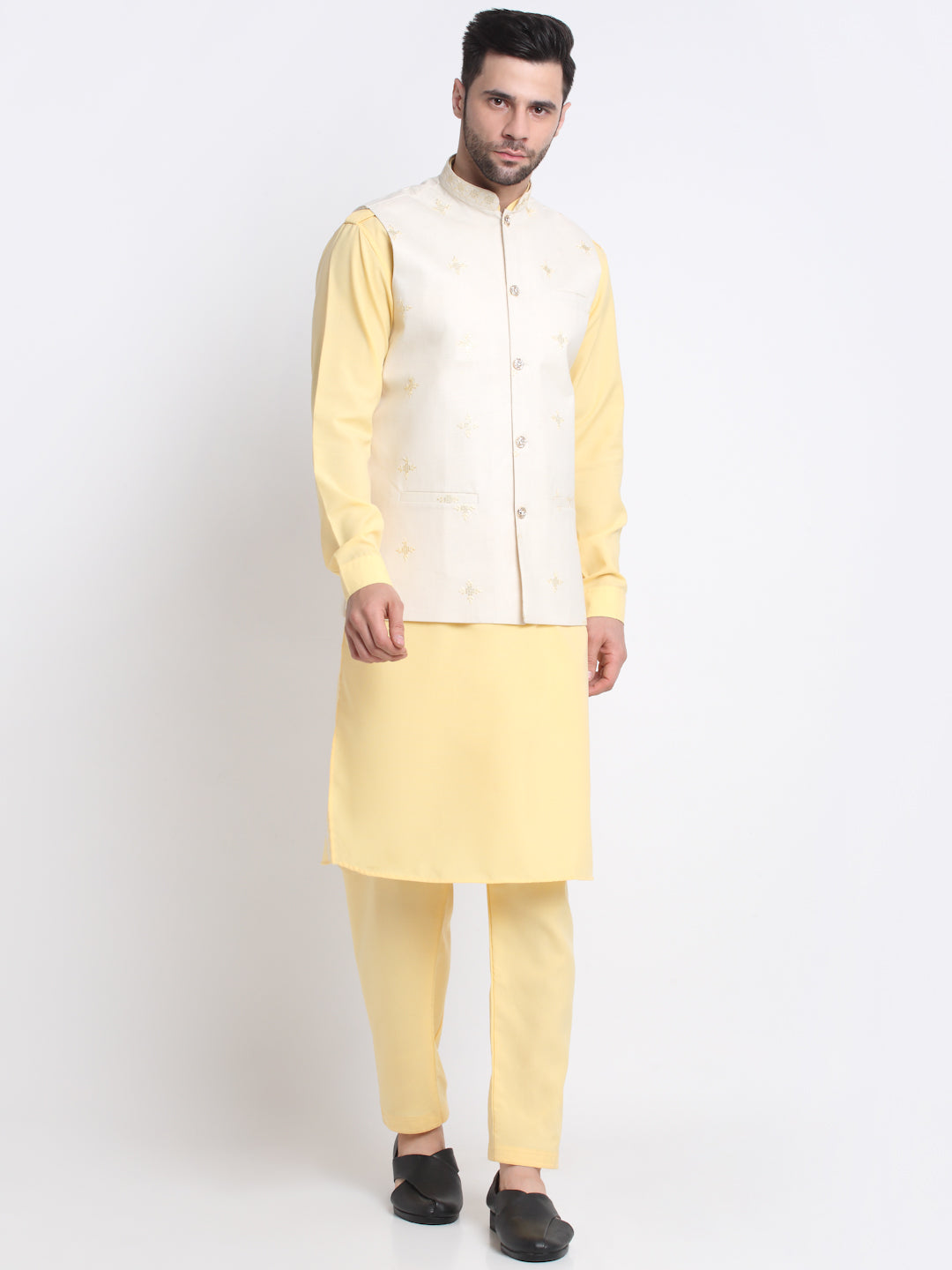 KRAFT INDIA Men Cotton Yellow Pathani Kurta & Salwar With Embroided Sequenced Nehru Jacket