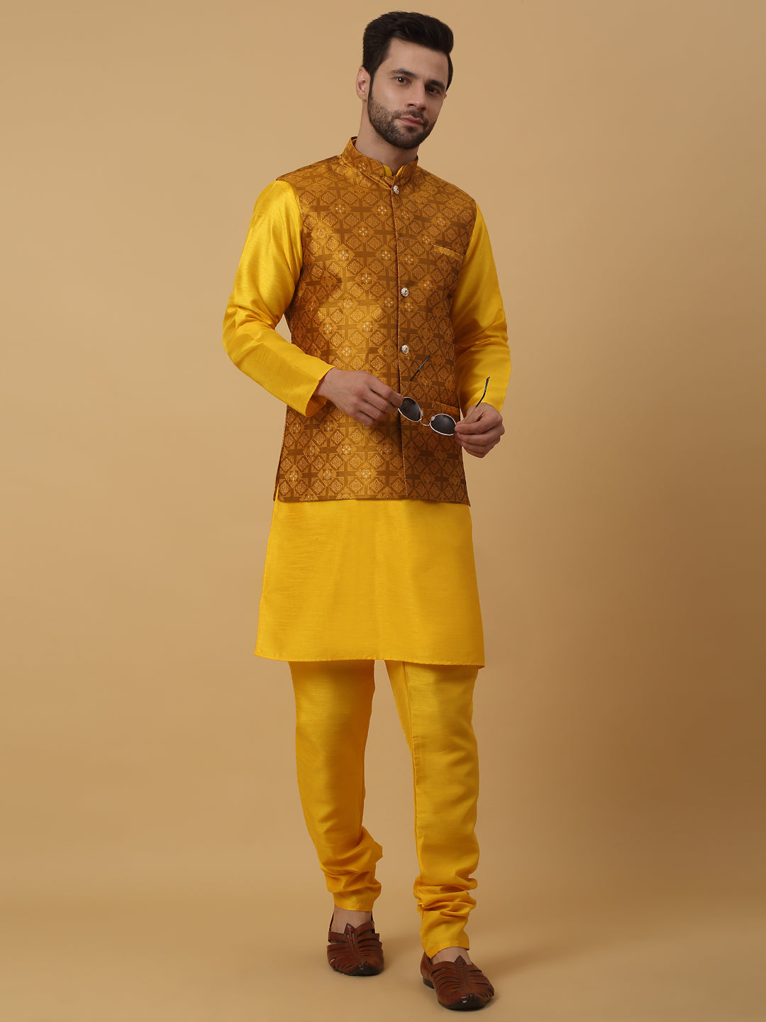 KRAFT INDIA Men's Silk Blend Yellow Kurta, Churidar with Jacquard Silk Blend Floral Nehru Jacket Set