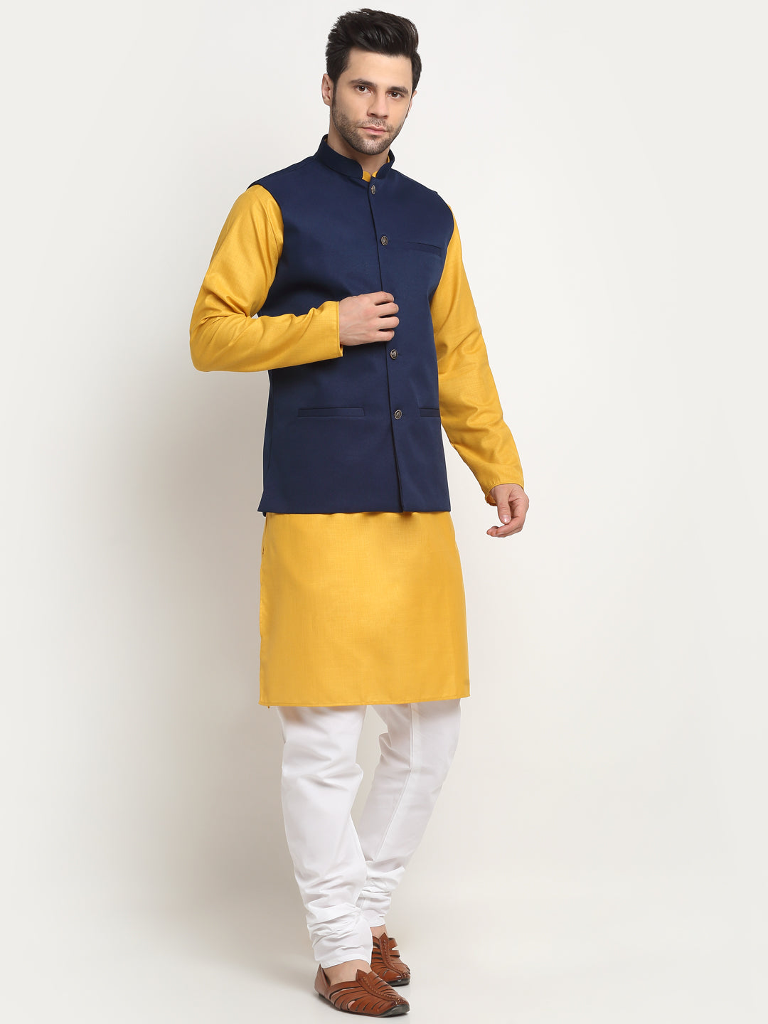 KRAFT INDIA Men's Cotton Solid Mustard Kurta Churidar with Twill Nehru Jacket Set