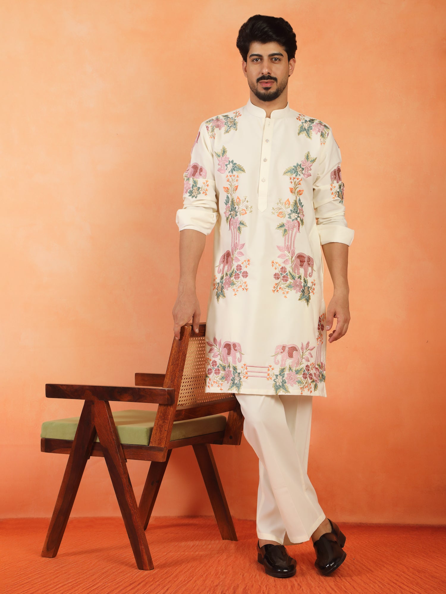 Men's Japanese Fabric Floral Embroidered Design Mandarin Collar Kurta with Trouser Set