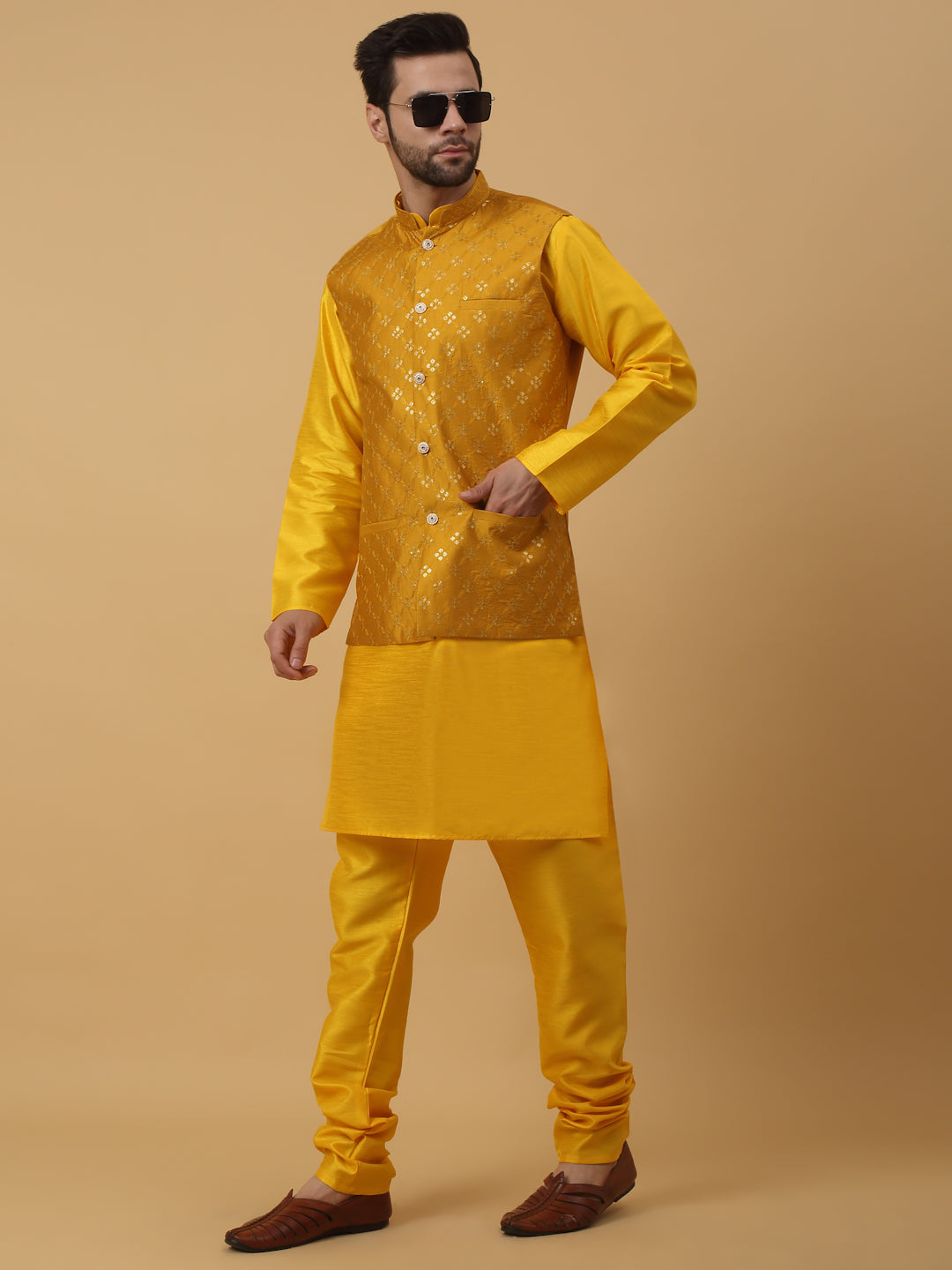 KRAFT INDIA Men's Silk Blend Yellow Kurta, Churidar with Cotton Silk Embroided Sequenced Nehru Jacket Set