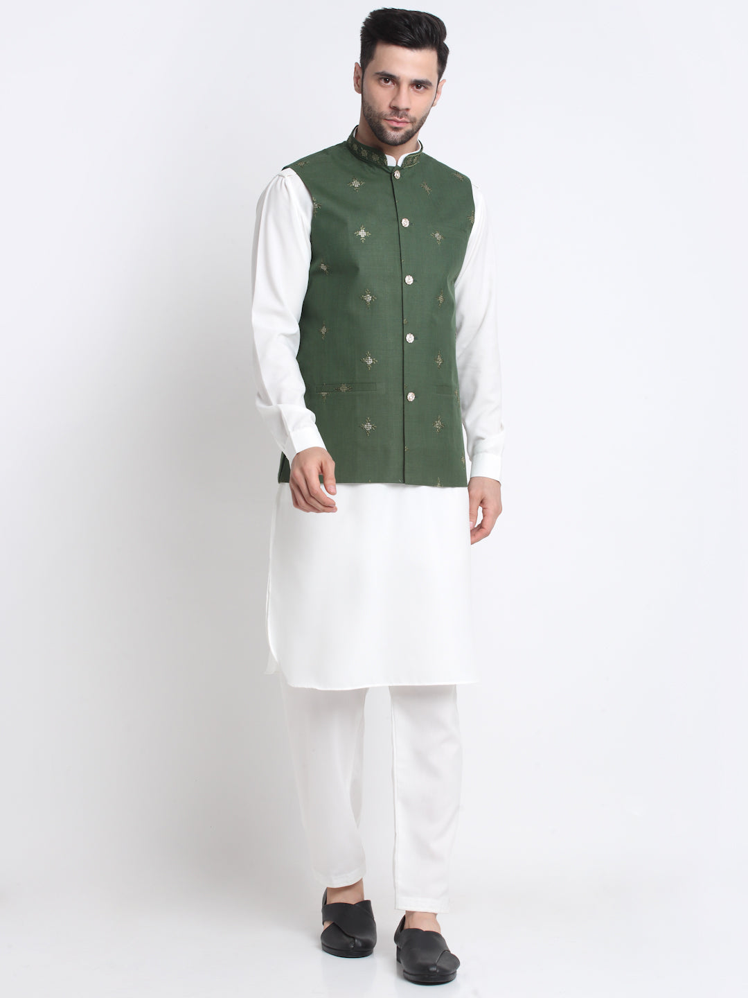 KRAFT INDIA Men Cotton White Pathani Kurta & Salwar With Embroided Sequenced Nehru Jacket