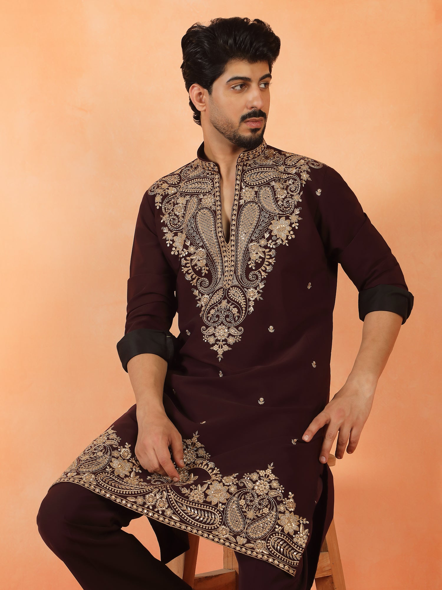 Men's Embroidered Yoke Design Japanese Fabric Daman Work Long Kurta