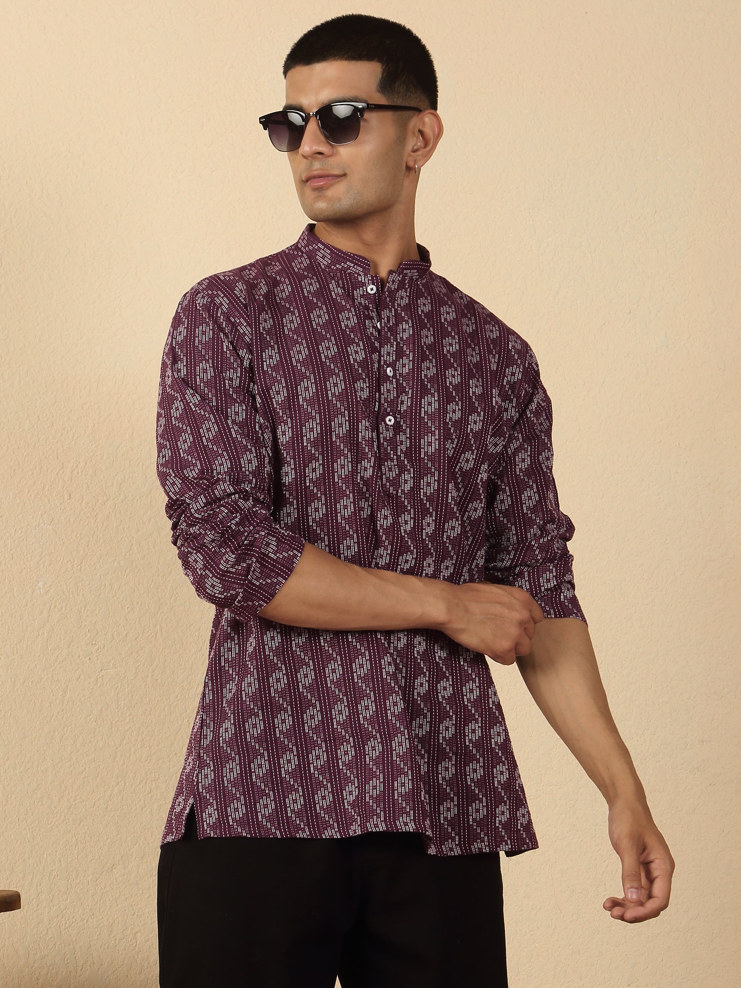 Men's Woven Design Pure Cotton Short Kurta