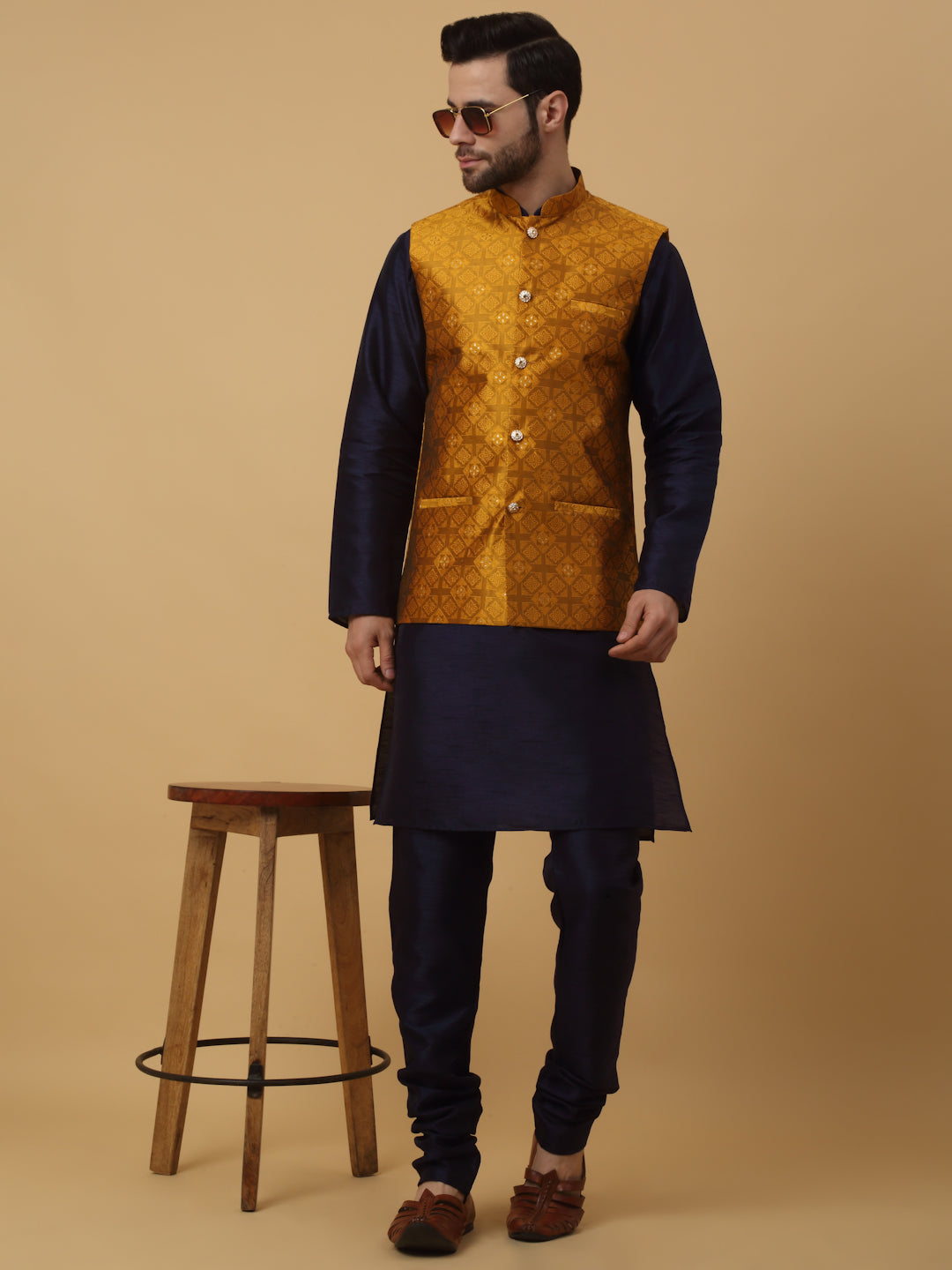 KRAFT INDIA Men's Silk Blend Navy Blue Kurta, Churidar with Jacquard Silk Blend Floral Nehru Jacket Set