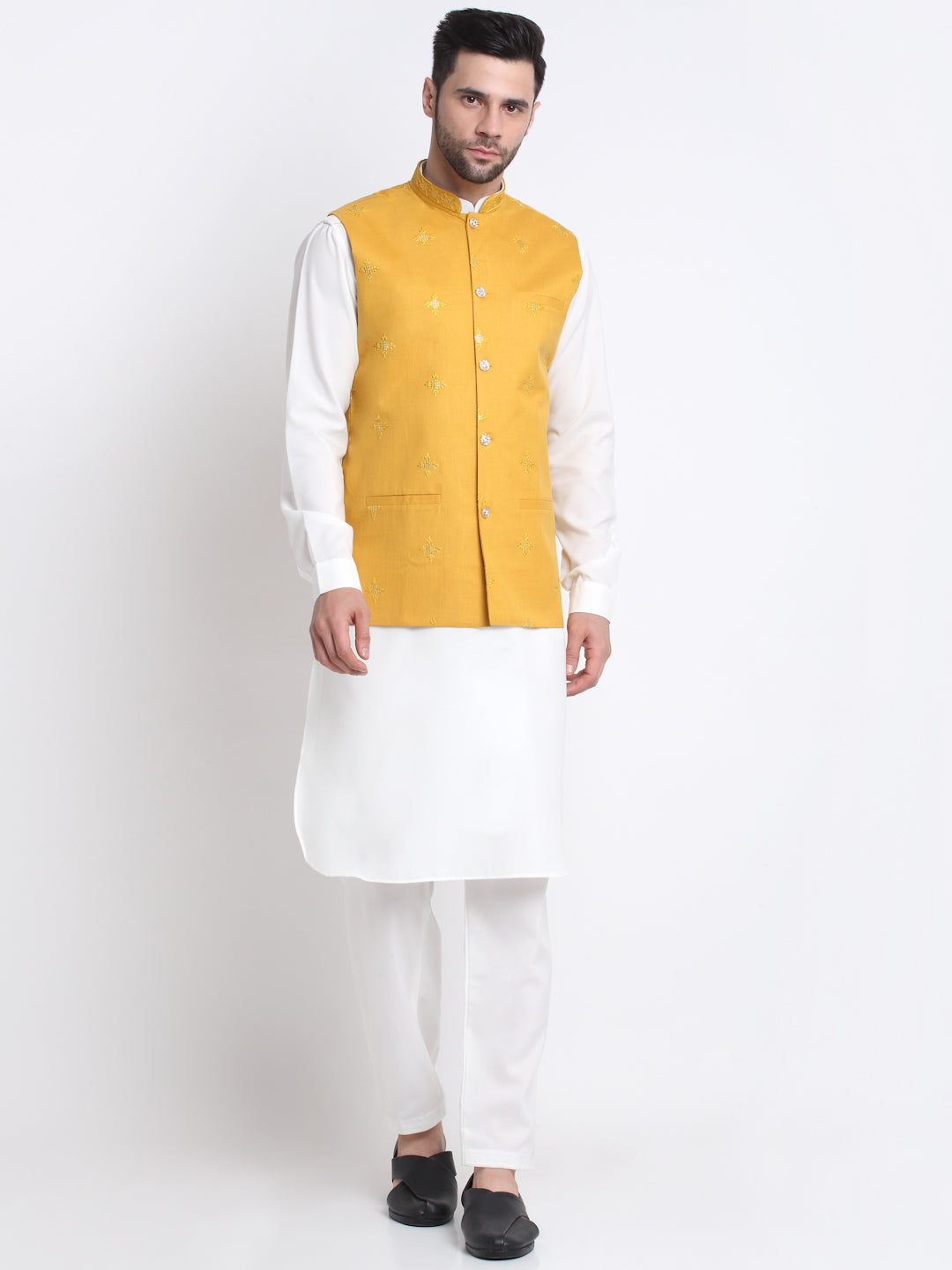 KRAFT INDIA Men Cotton White Pathani Kurta & Salwar With Embroided Sequenced Nehru Jacket