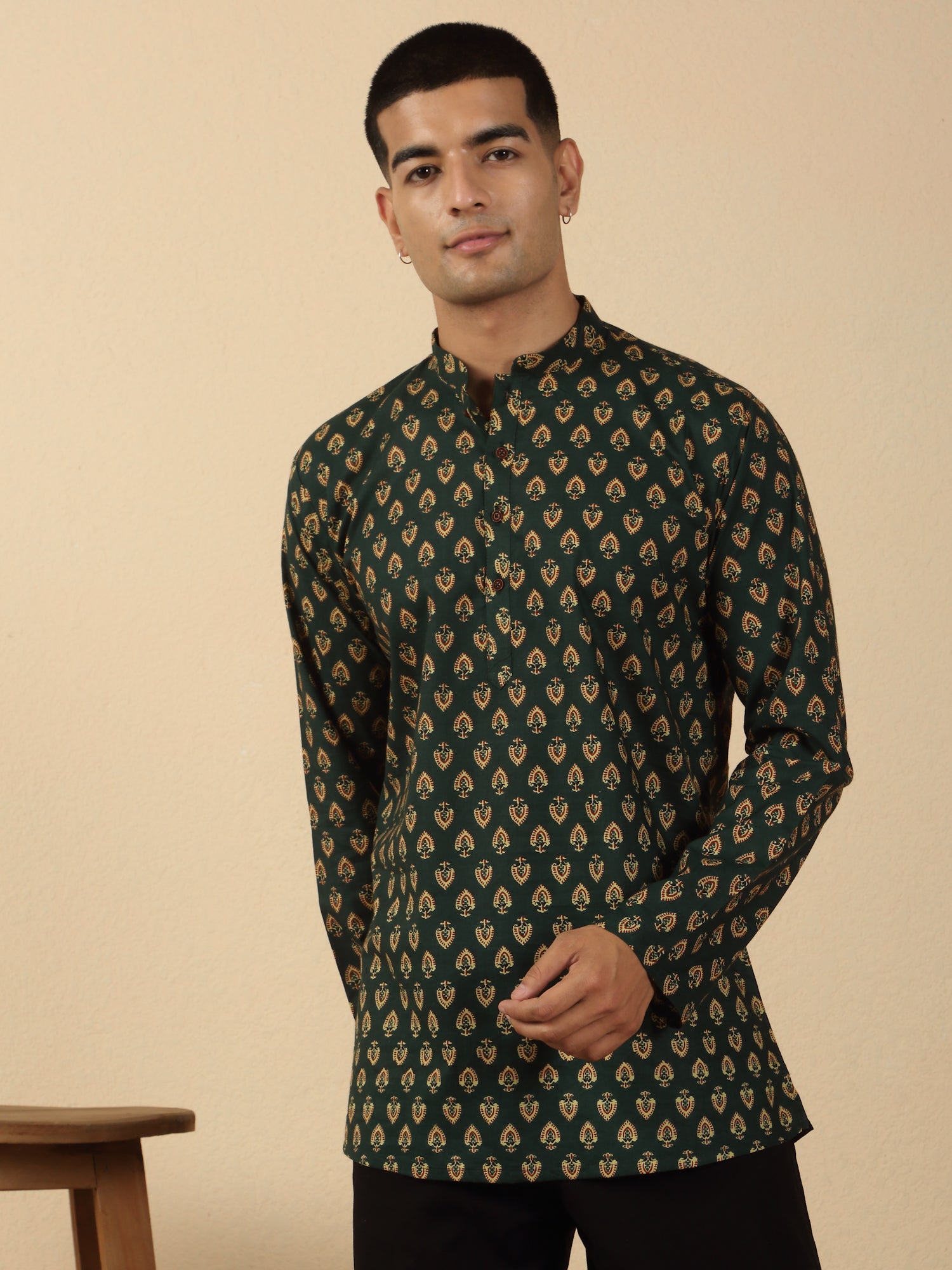 Men Jaipuri Printed Mandarin Collar Pure Cotton Short Kurta