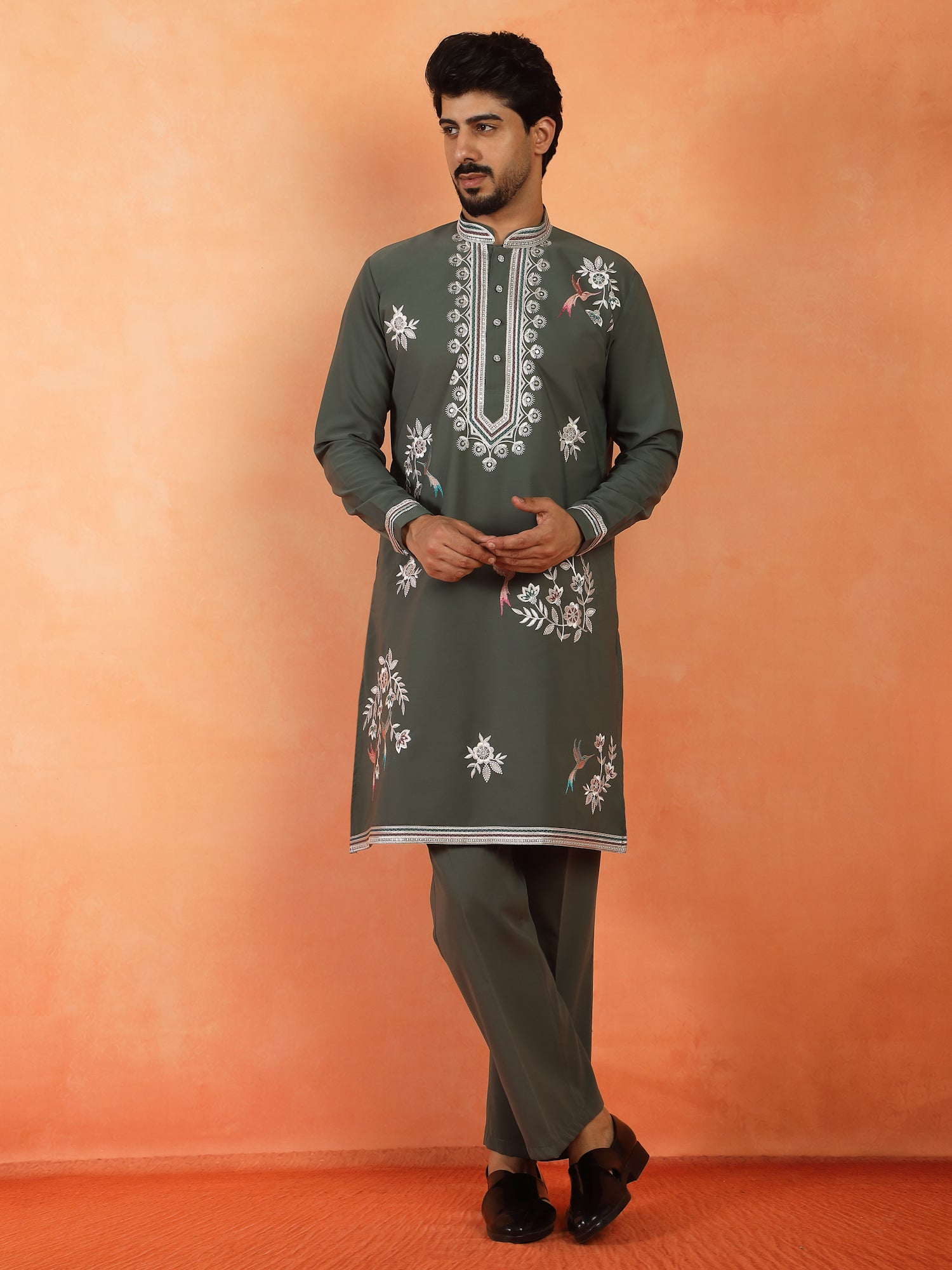 Men's Embroidered Yoke Design Japanese Fabric All Over Work Long Kurta