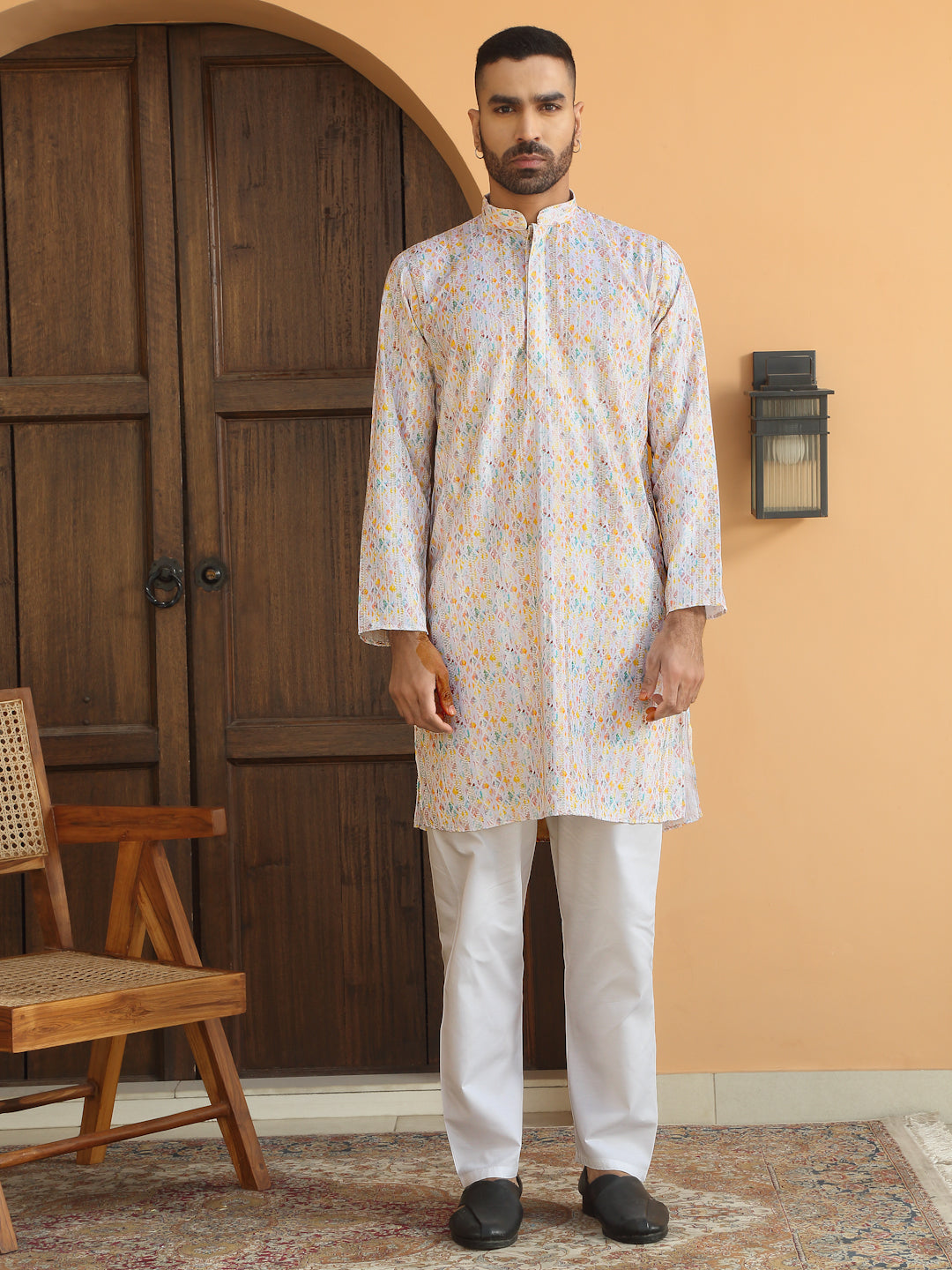 Cotton Zari Embroidered Chikan Print Kurta with white Elastic waistband Pyjama set