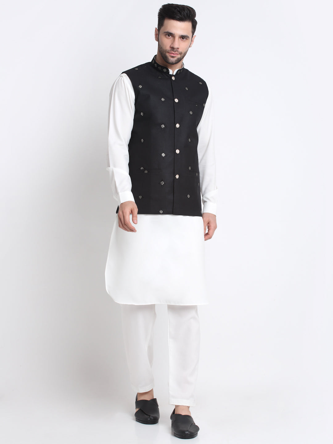 KRAFT INDIA Men Cotton White Pathani Kurta & Salwar With Embroided Sequenced Nehru Jacket