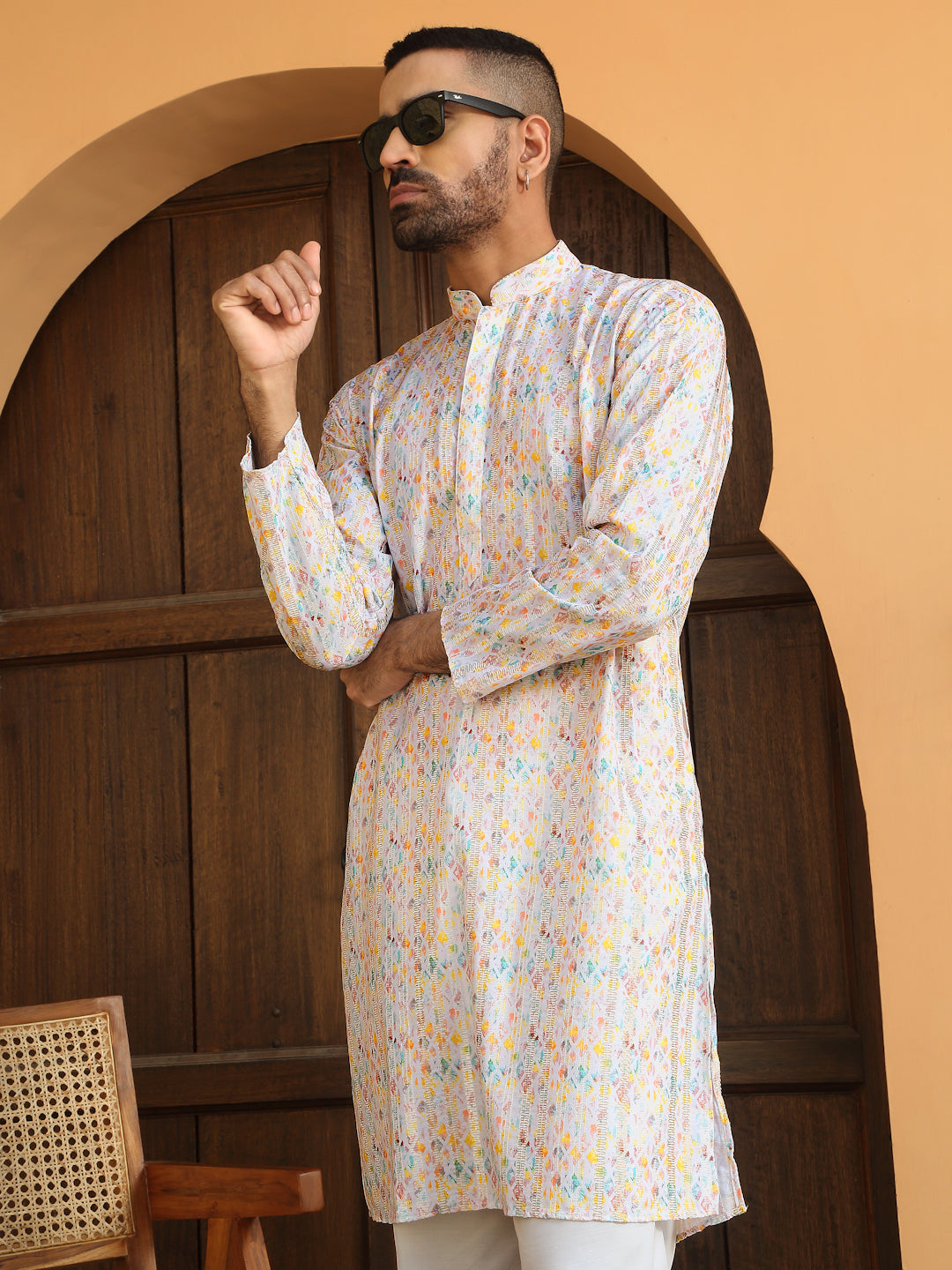 Cotton Zari Embroidered Chikan Print Kurta