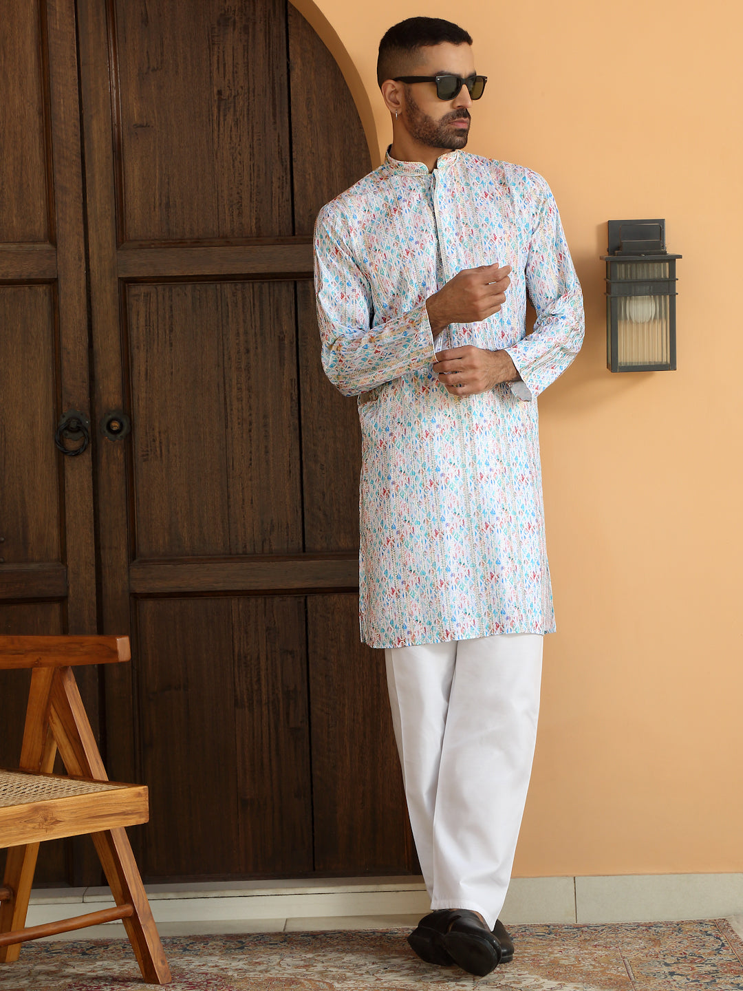 Cotton Zari Embroidered Chikan Print Kurta with white Elastic waistband Pyjama set