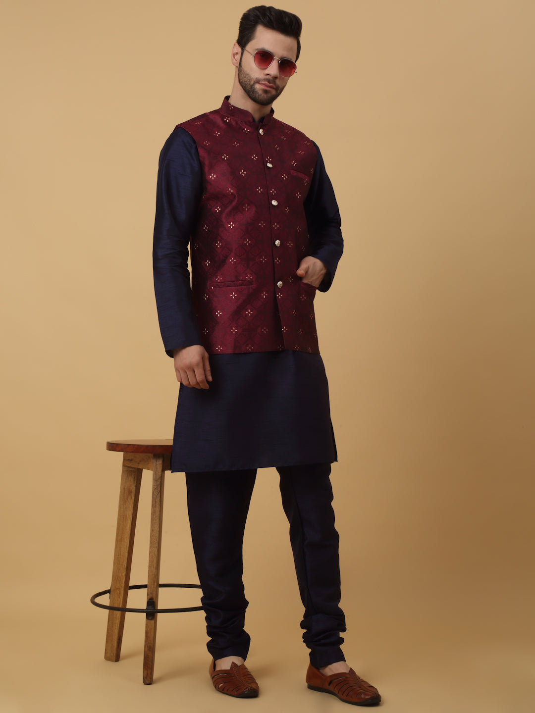 KRAFT INDIA Men's Silk Blend Navy Blue Kurta, Churidar with Jacquard Silk Blend Floral Nehru Jacket Set