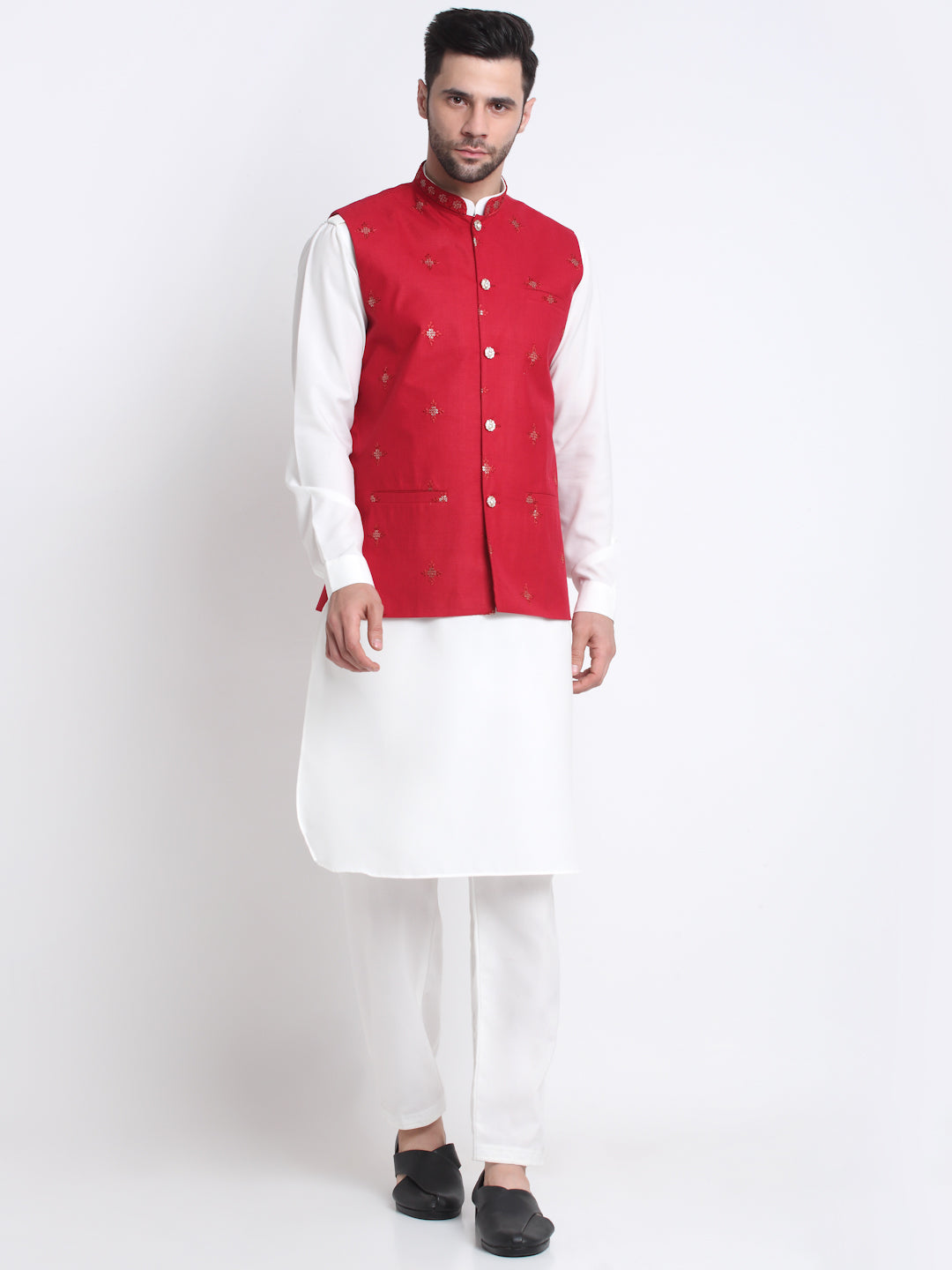 KRAFT INDIA Men Cotton White Pathani Kurta & Salwar With Embroided Sequenced Nehru Jacket