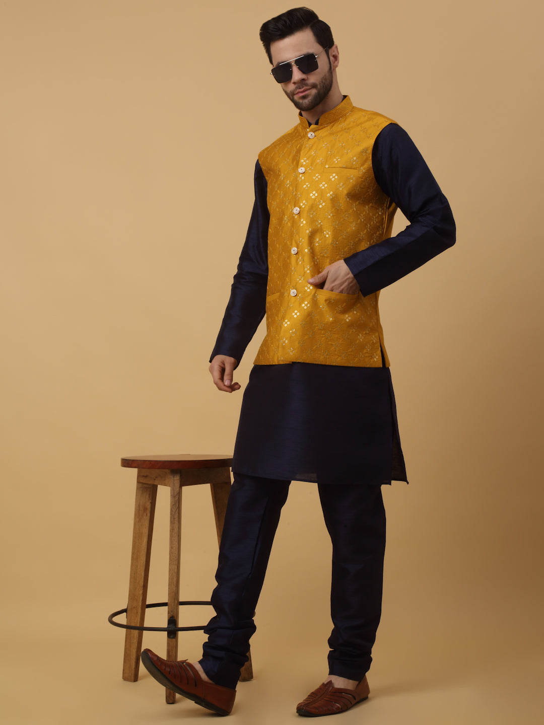 KRAFT INDIA Men's Silk Blend Navy Blue Kurta, Churidar with Cotton Silk Embroided Sequenced Nehru Jacket Set