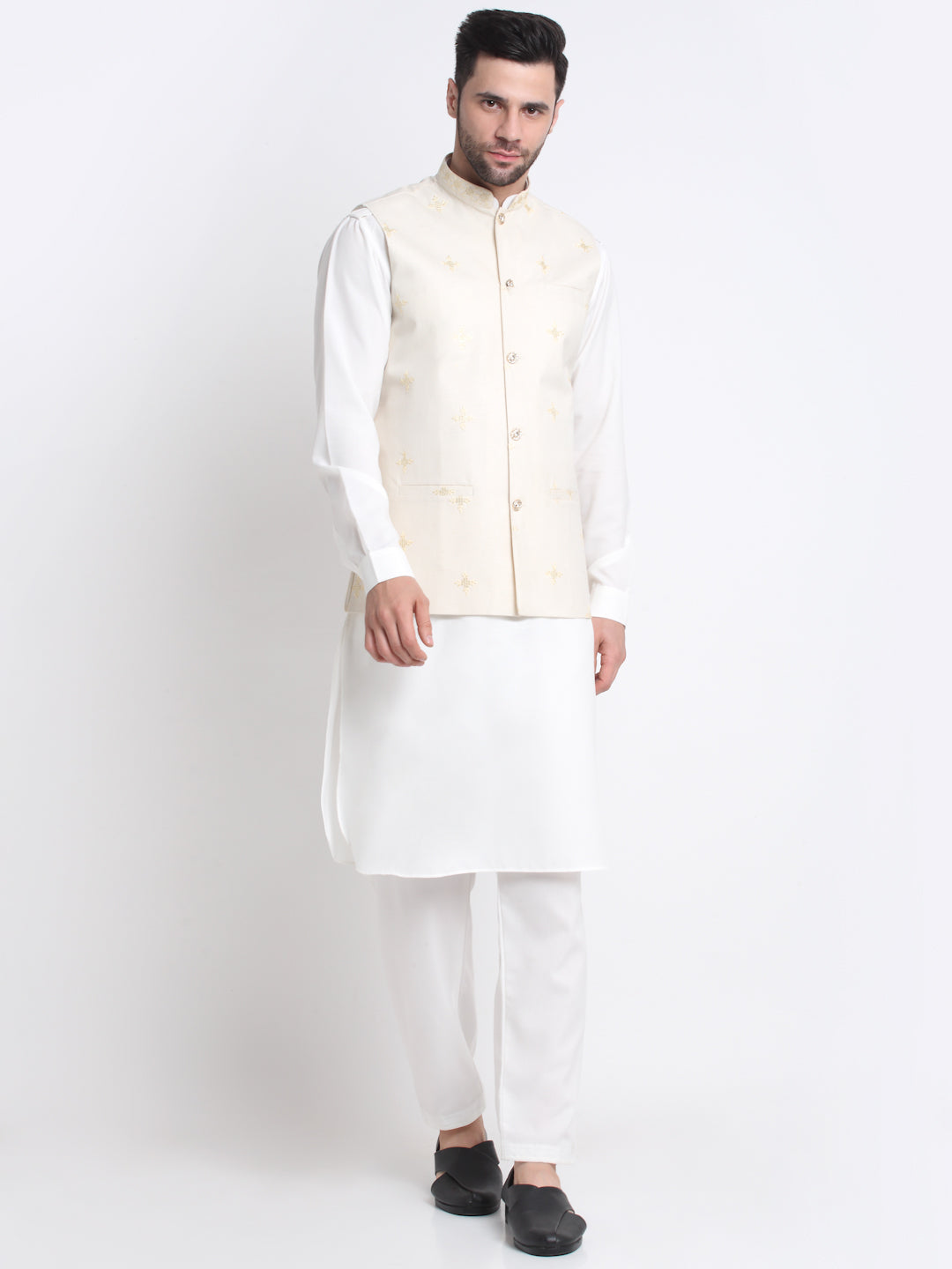KRAFT INDIA Men Cotton White Pathani Kurta & Salwar With Embroided Sequenced Nehru Jacket
