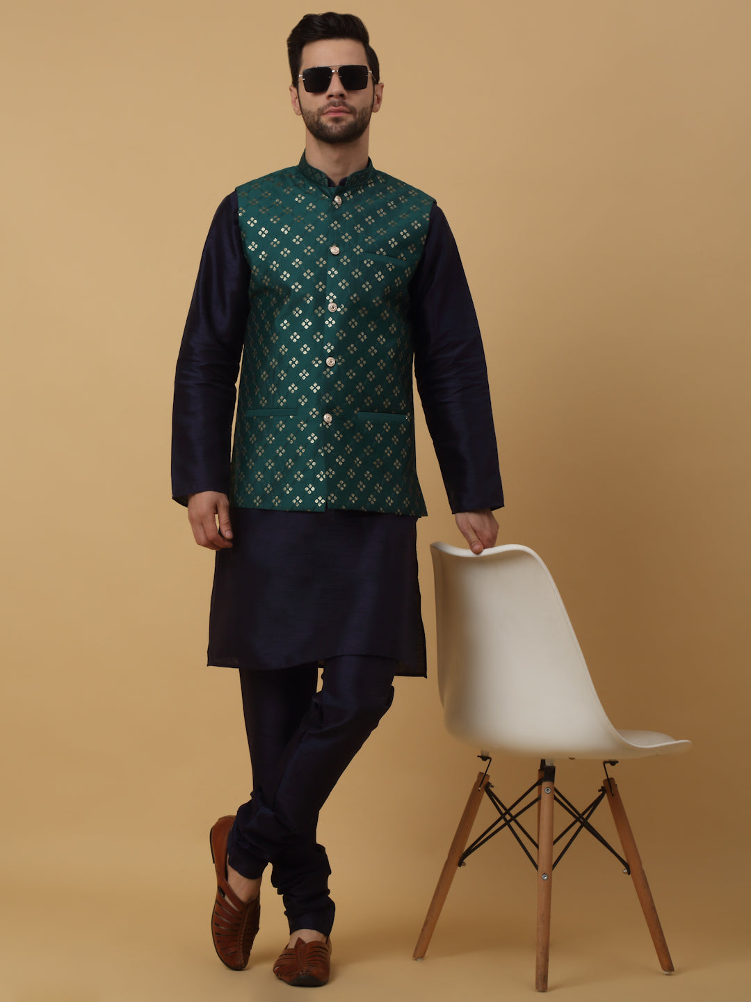 KRAFT INDIA Men's Silk Blend Navy Blue Kurta, Churidar with Cotton Silk Embroided Sequenced Nehru Jacket Set