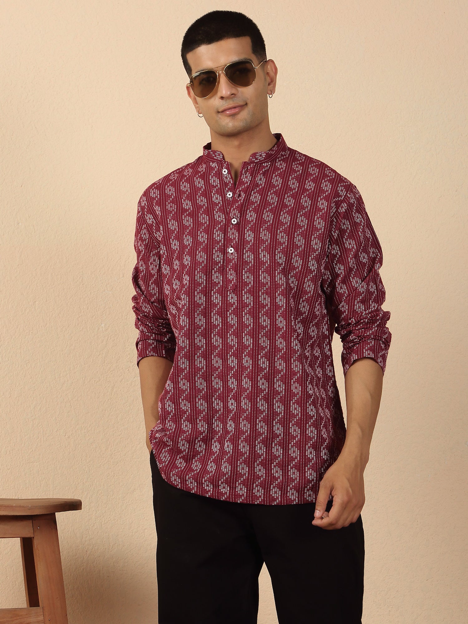 Men's Woven Design Pure Cotton Short Kurta