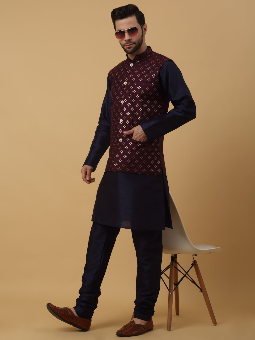 KRAFT INDIA Men's Silk Blend Navy Blue Kurta, Churidar with Cotton Silk Embroided Sequenced Nehru Jacket Set