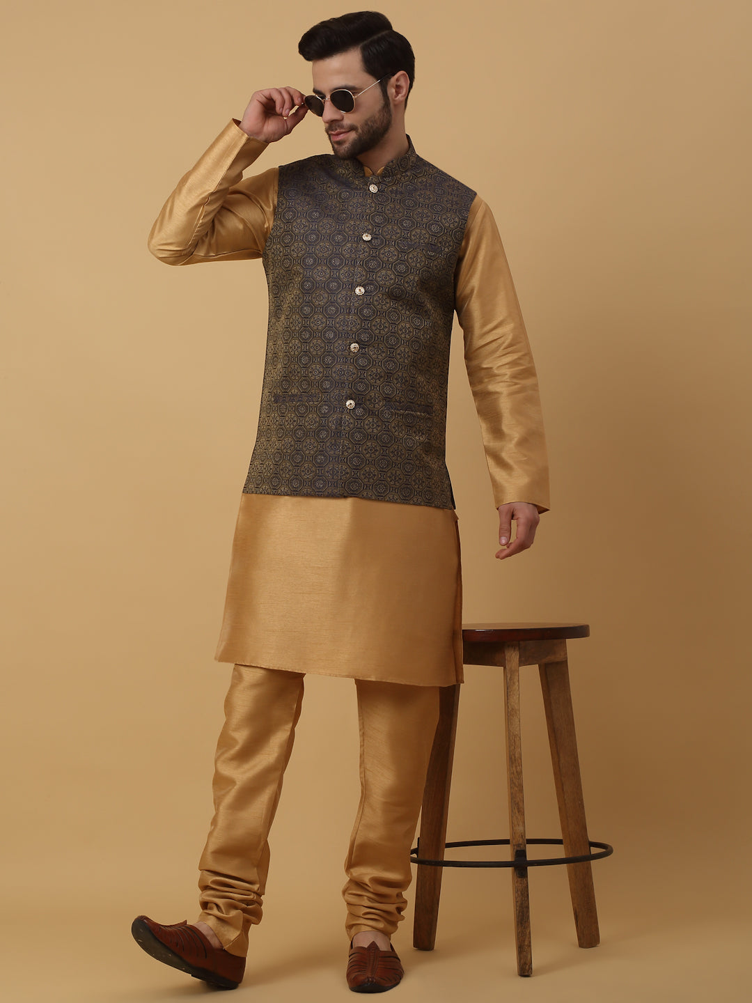 KRAFT INDIA Men's Silk Blend Gold Kurta, Churidar with Jacquard Bandhani Silk Blend Nehru Jacket Set