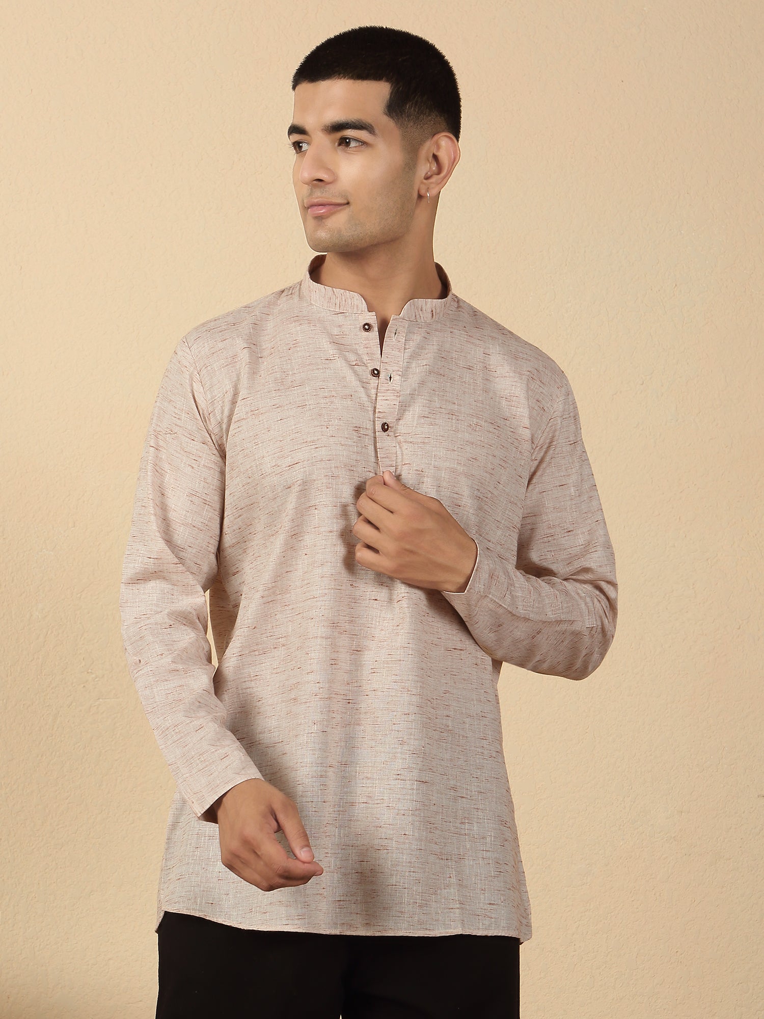 Men's Solid Khadi Cotton Straight Short Kurta with Mandarin Collar