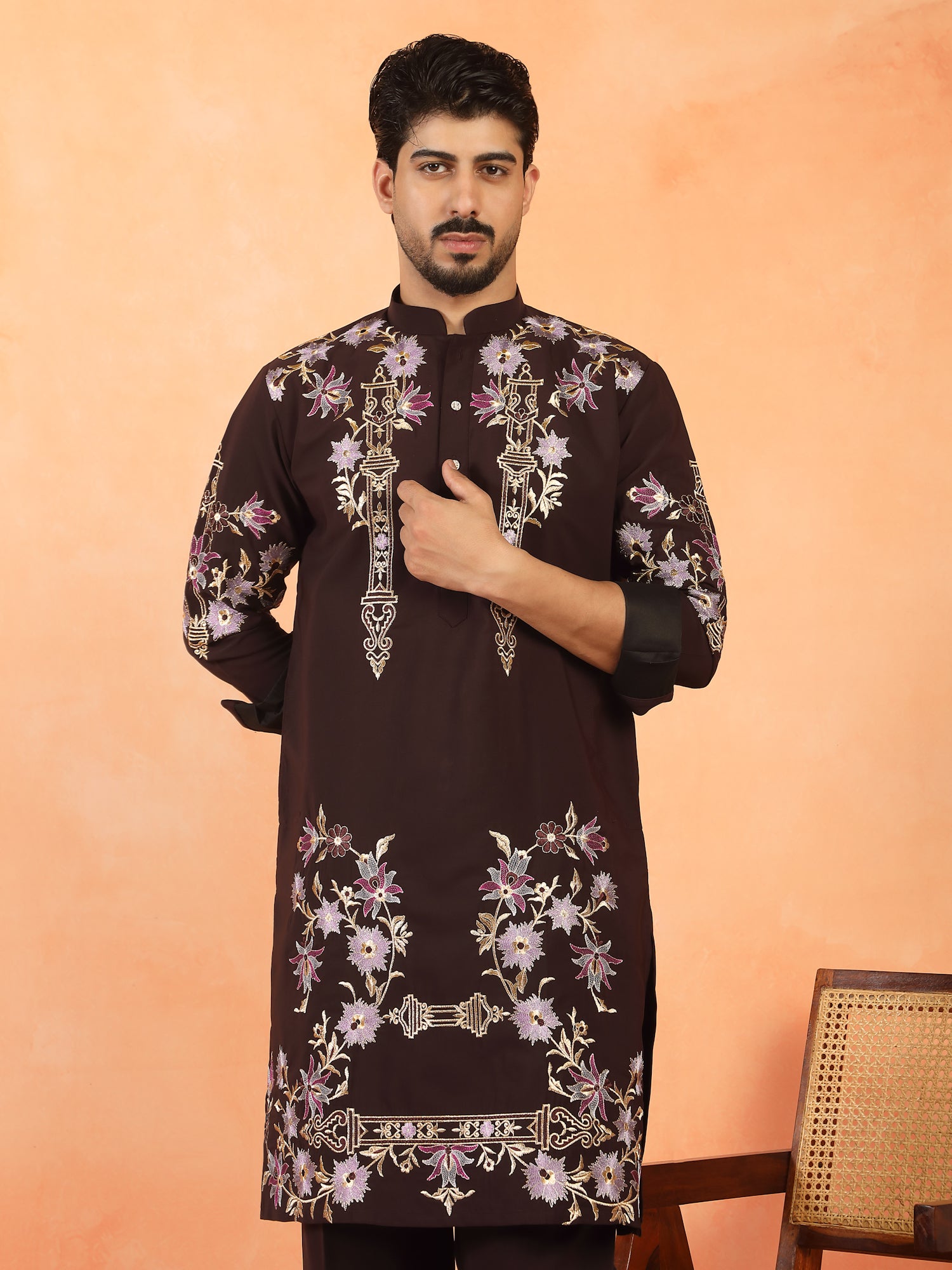 Men's Japanese Fabric Floral Embroidered Design Mandarin Collar Long Kurta