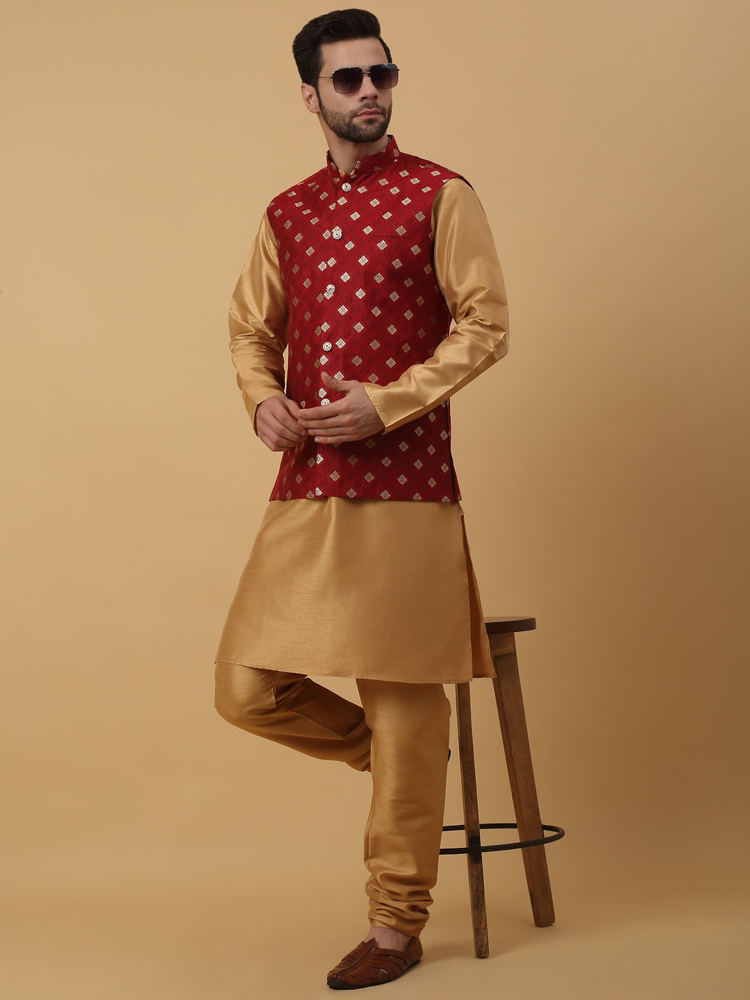 KRAFT INDIA Men's Silk Blend Gold Kurta, Churidar with Jacquard Silk Blend Floral Print Nehru Jacket Set