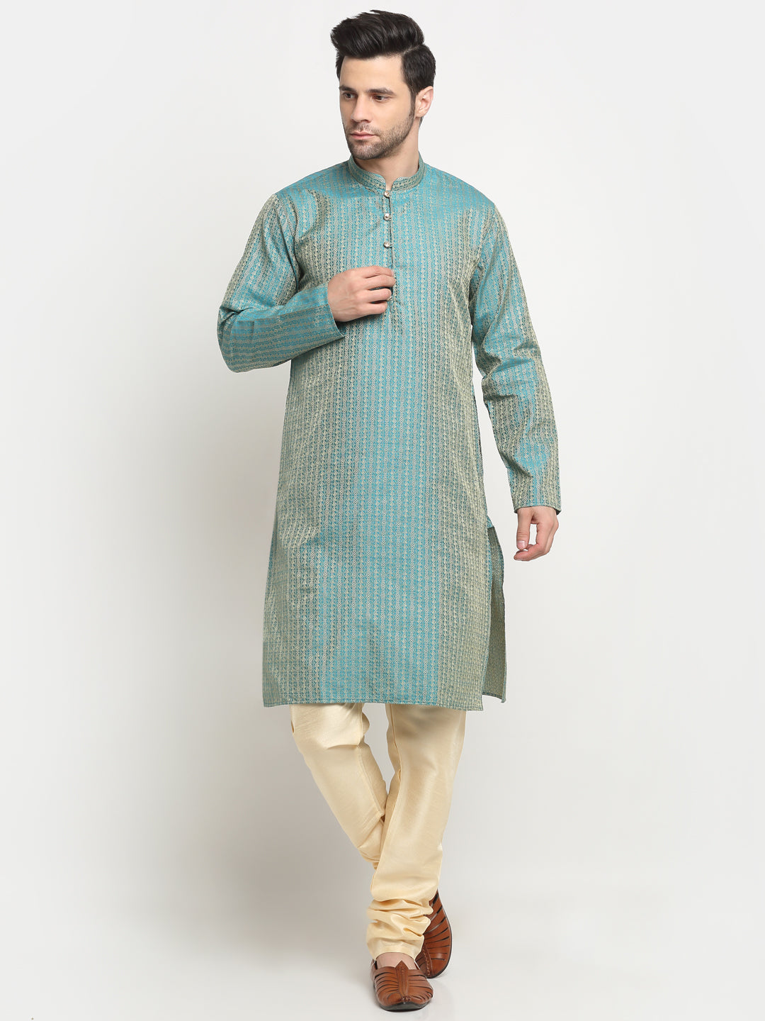 KRAFT INDIA Men's Silk Woven Design Jacquard Kurta & Beige Churidar Set