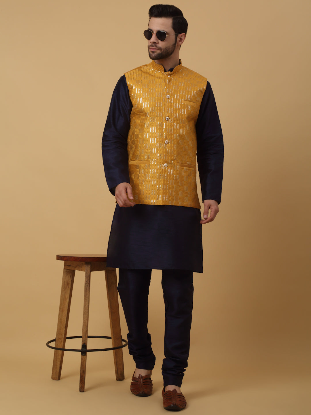 KRAFT INDIA Men's Silk Blend Navy Blue Kurta, Churidar With Cotton Silk Sequenced Embroided Nehru Jacket set