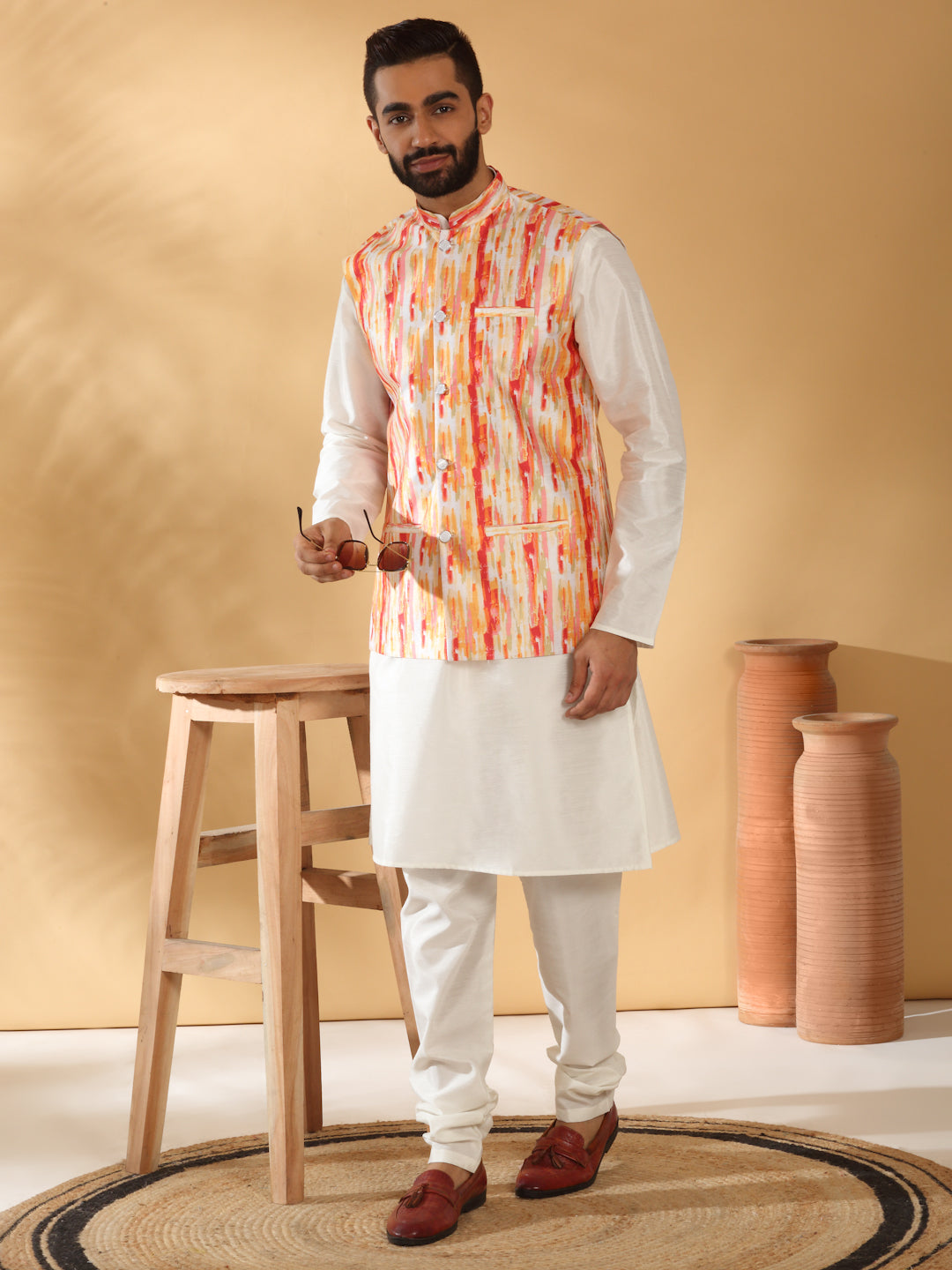 Silk Blend Solid Cream Kurta Churidar With Sleeveless tie-dye Nehru Jacket set