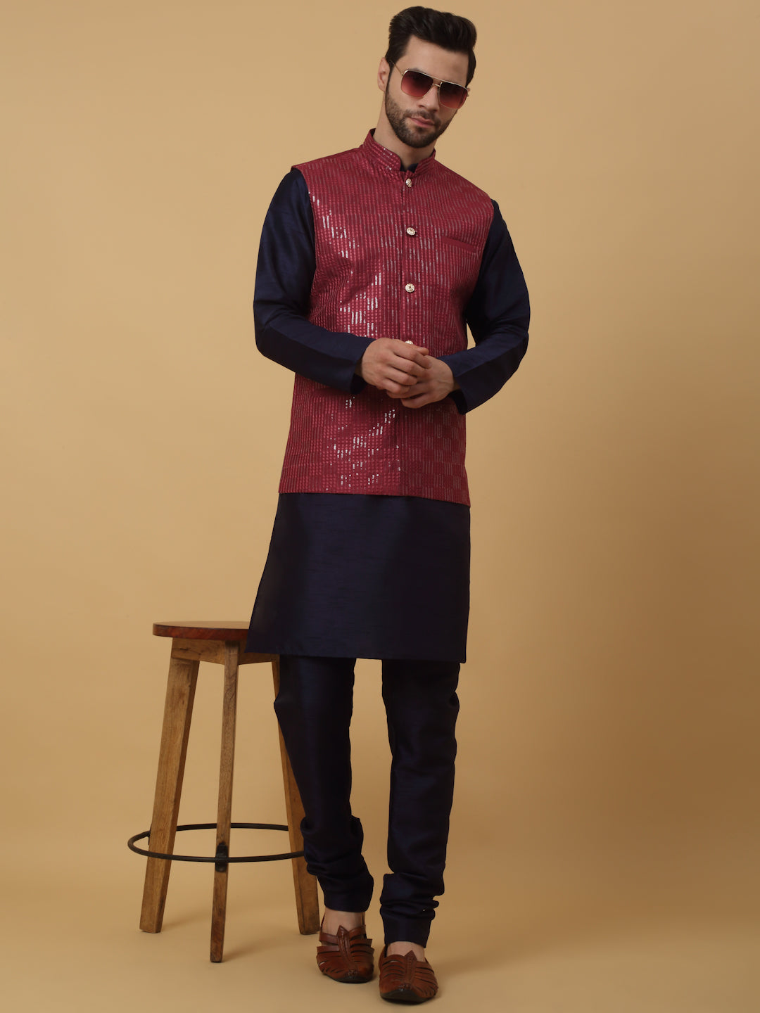 KRAFT INDIA Men's Silk Blend Navy Blue Kurta, Churidar With Cotton Silk Sequenced Embroided Nehru Jacket set