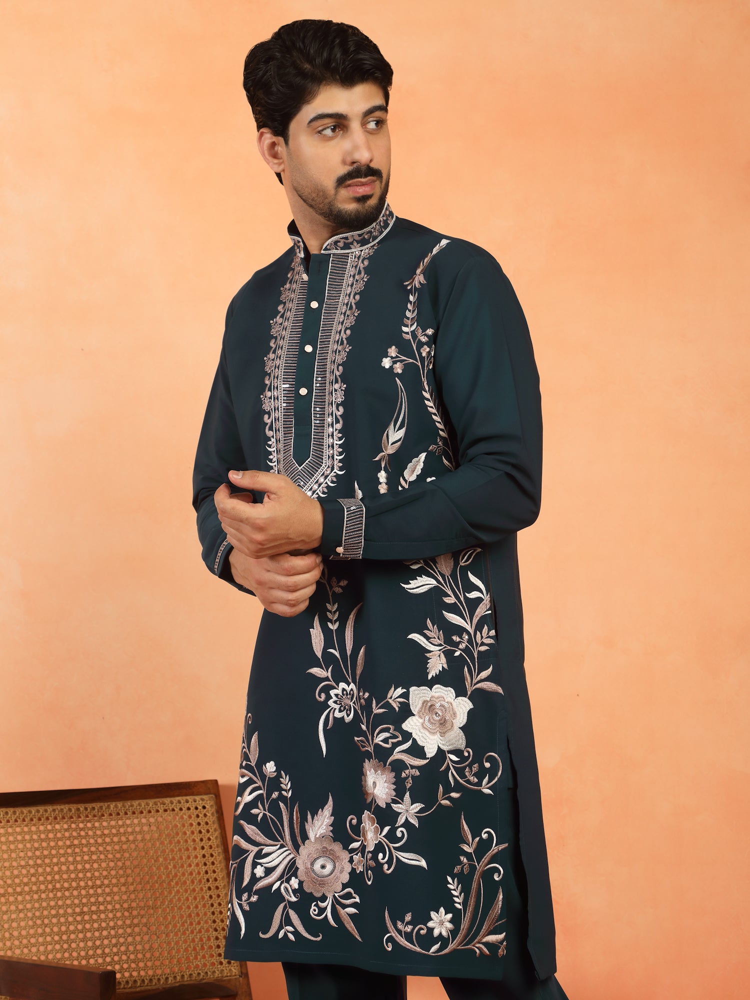 Men's Premium Japanese Fabric Heavy Floral Embroidered Long Kurta with Mandarin Collar