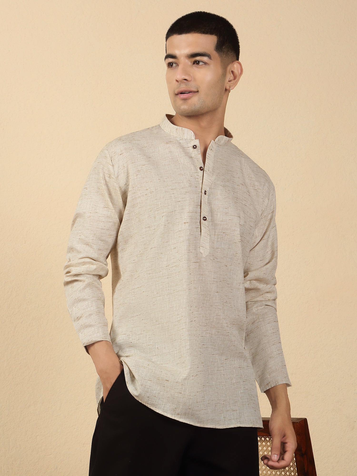 Men's Solid Khadi Cotton Straight Short Kurta with Mandarin Collar