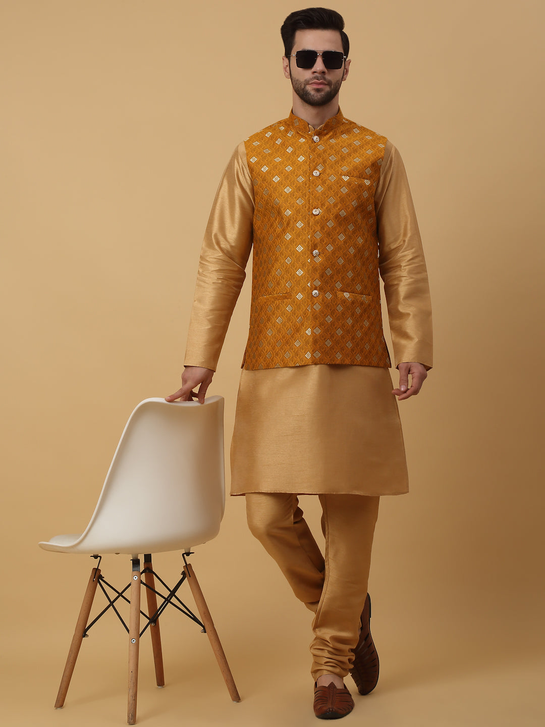 KRAFT INDIA Men's Silk Blend Gold Kurta, Churidar with Jacquard Silk Blend Floral Print Nehru Jacket Set