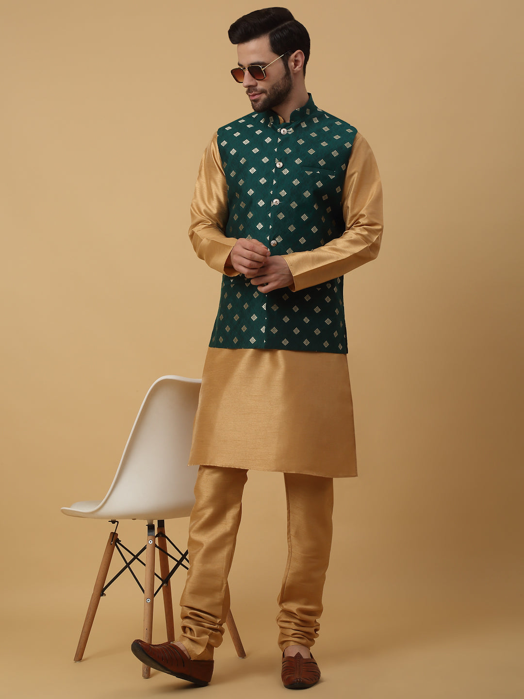 KRAFT INDIA Men's Silk Blend Gold Kurta, Churidar with Jacquard Silk Blend Floral Print Nehru Jacket Set