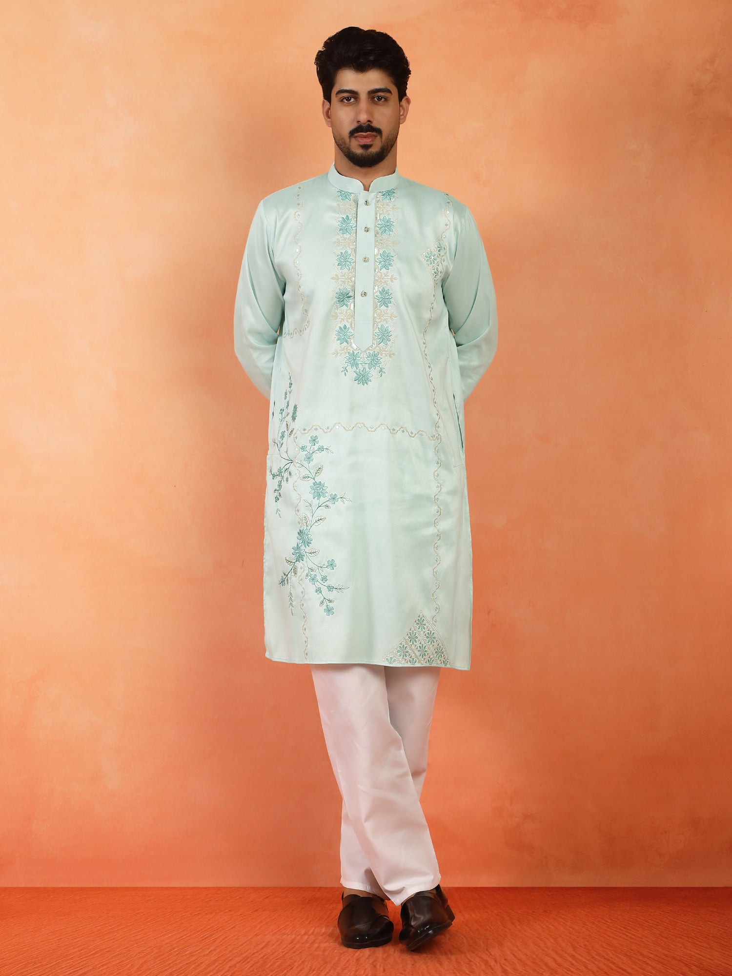 Men's Cotton Silk Embroidered Floral Yoke Long Kurta with Mandarin Collar