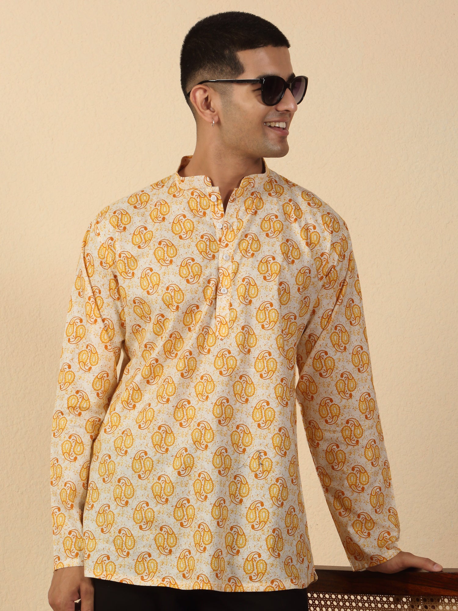 Men Jaipuri Printed Mandarin Collar Pure Cotton Short Kurta
