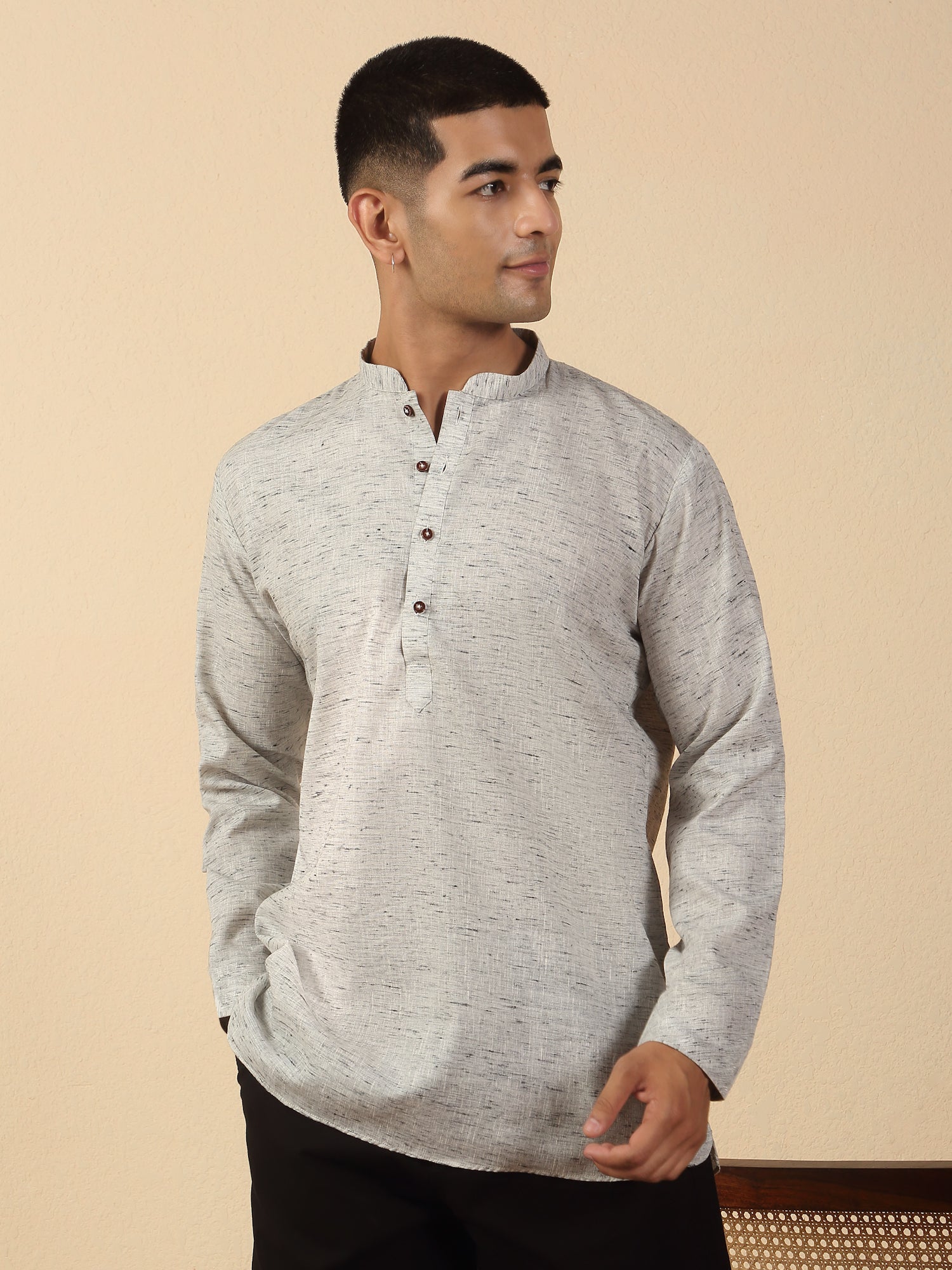 Men's Solid Khadi Cotton Straight Short Kurta with Mandarin Collar