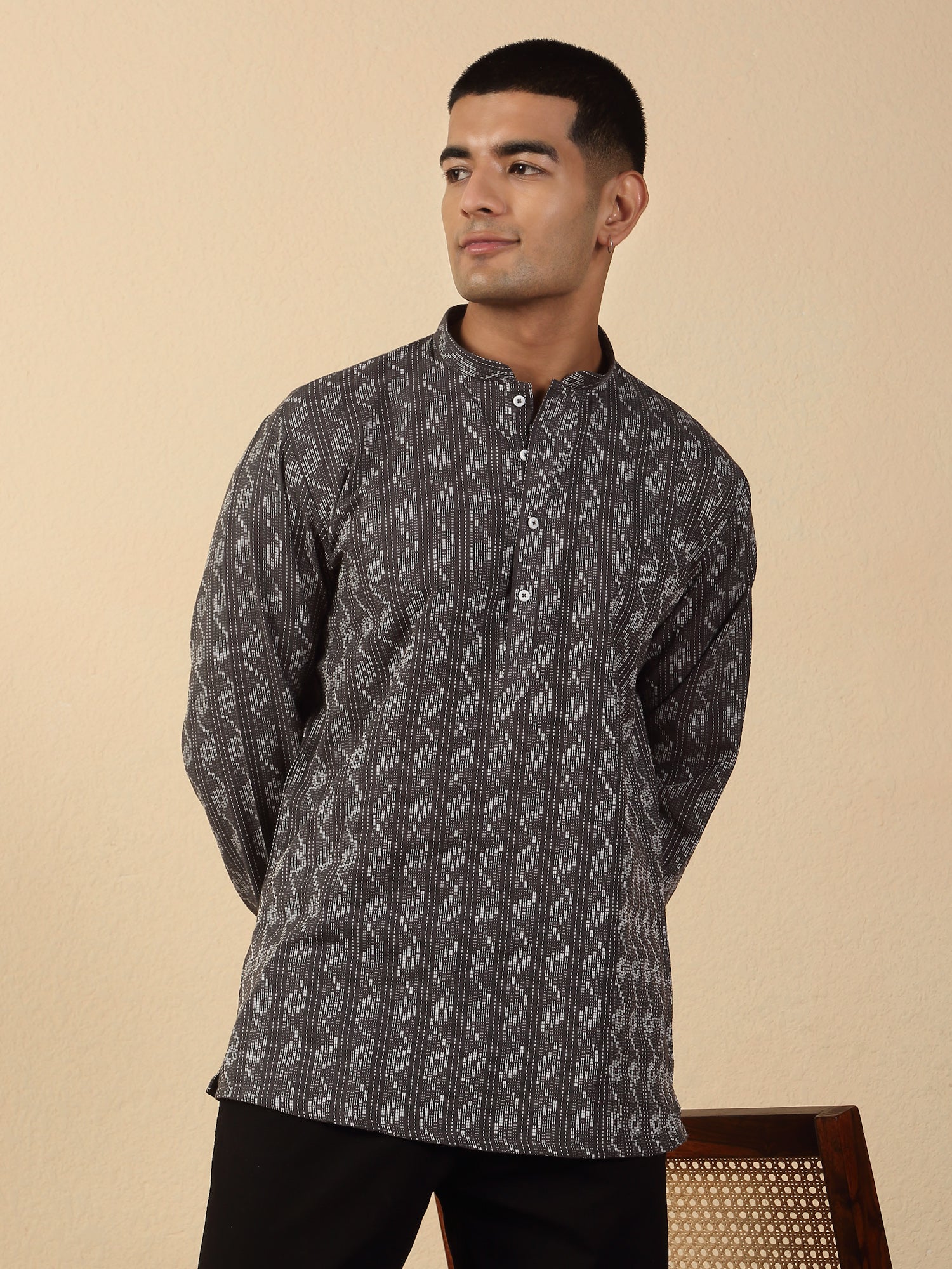 Men's Woven Design Pure Cotton Short Kurta