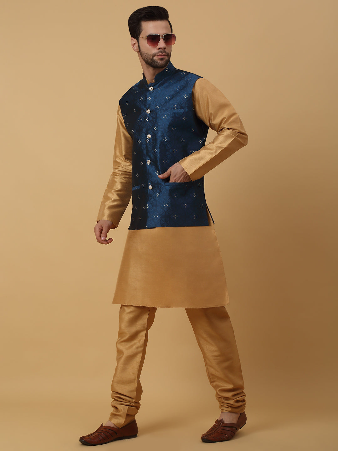 KRAFT INDIA Men's Silk Blend Gold Kurta, Churidar with Jacquard Silk Blend Floral Nehru Jacket Set