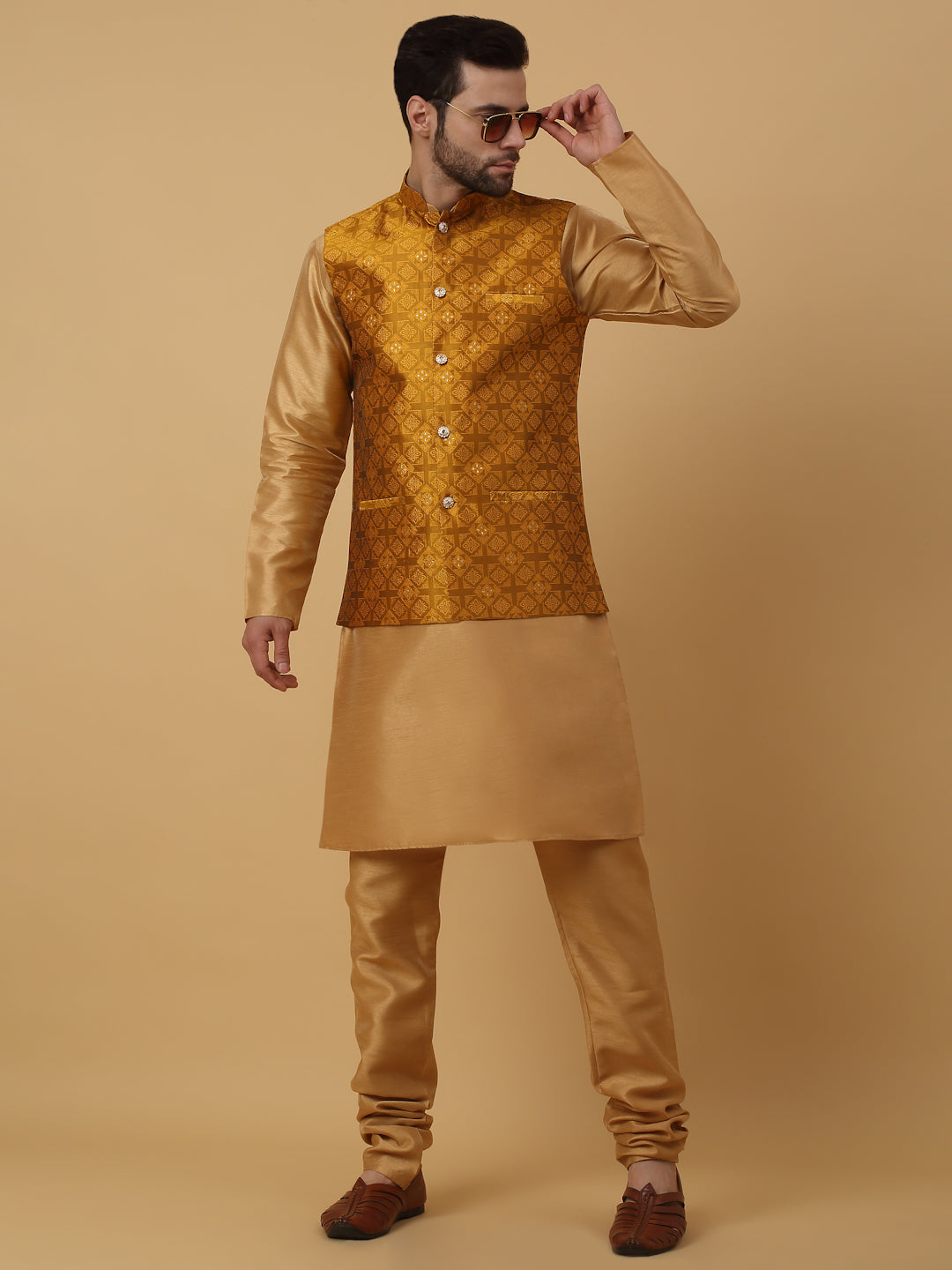 KRAFT INDIA Men's Silk Blend Gold Kurta, Churidar with Jacquard Silk Blend Floral Nehru Jacket Set