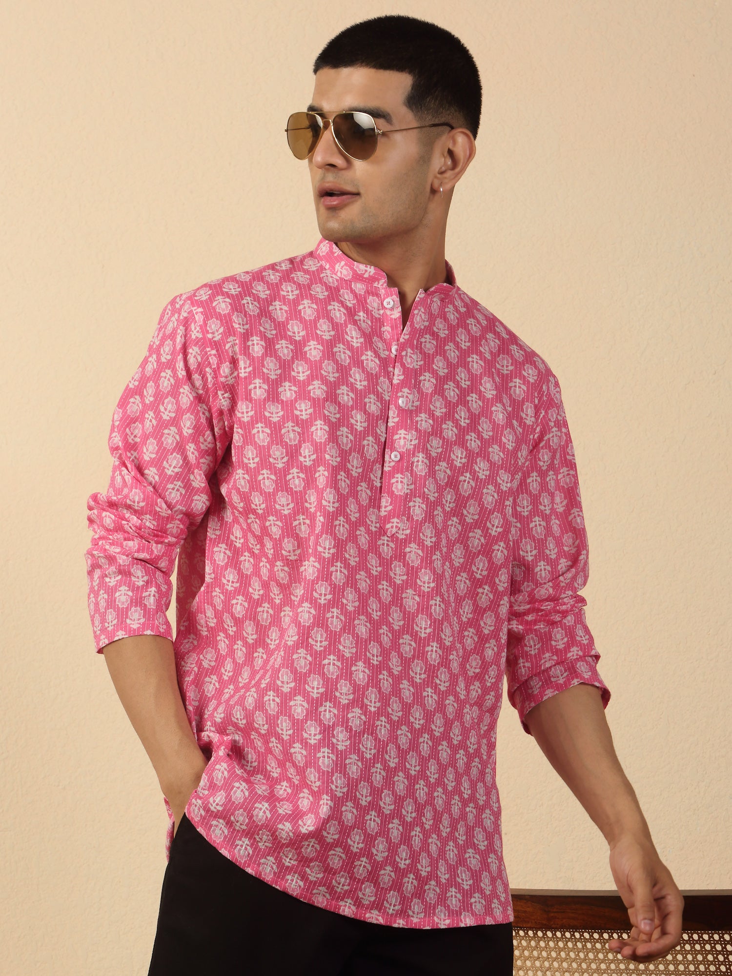 Men Jaipuri Printed Mandarin Collar Pure Cotton Short Kurta